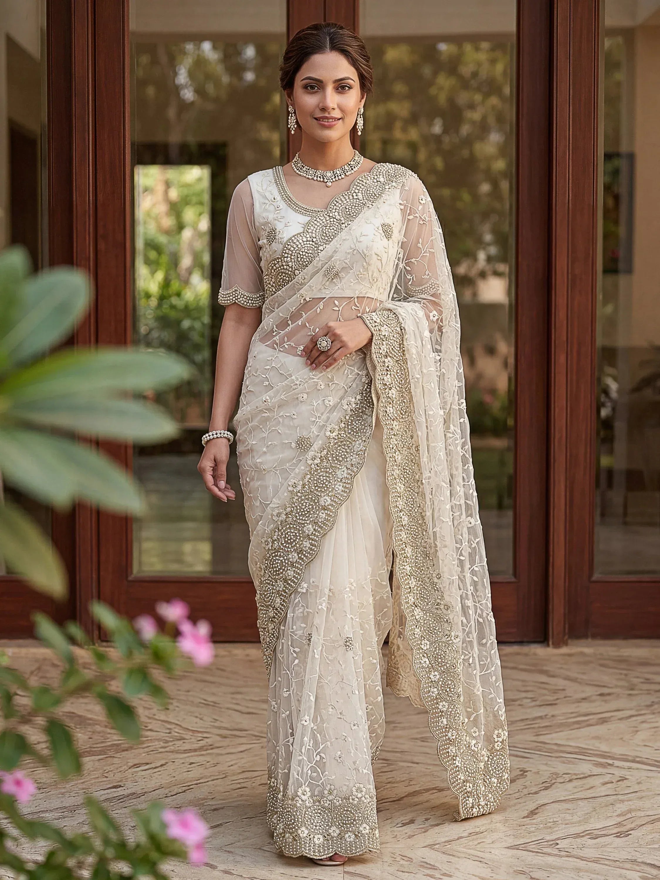 Astonishing White Pearl Work Net Festive Wear Saree With Blouse