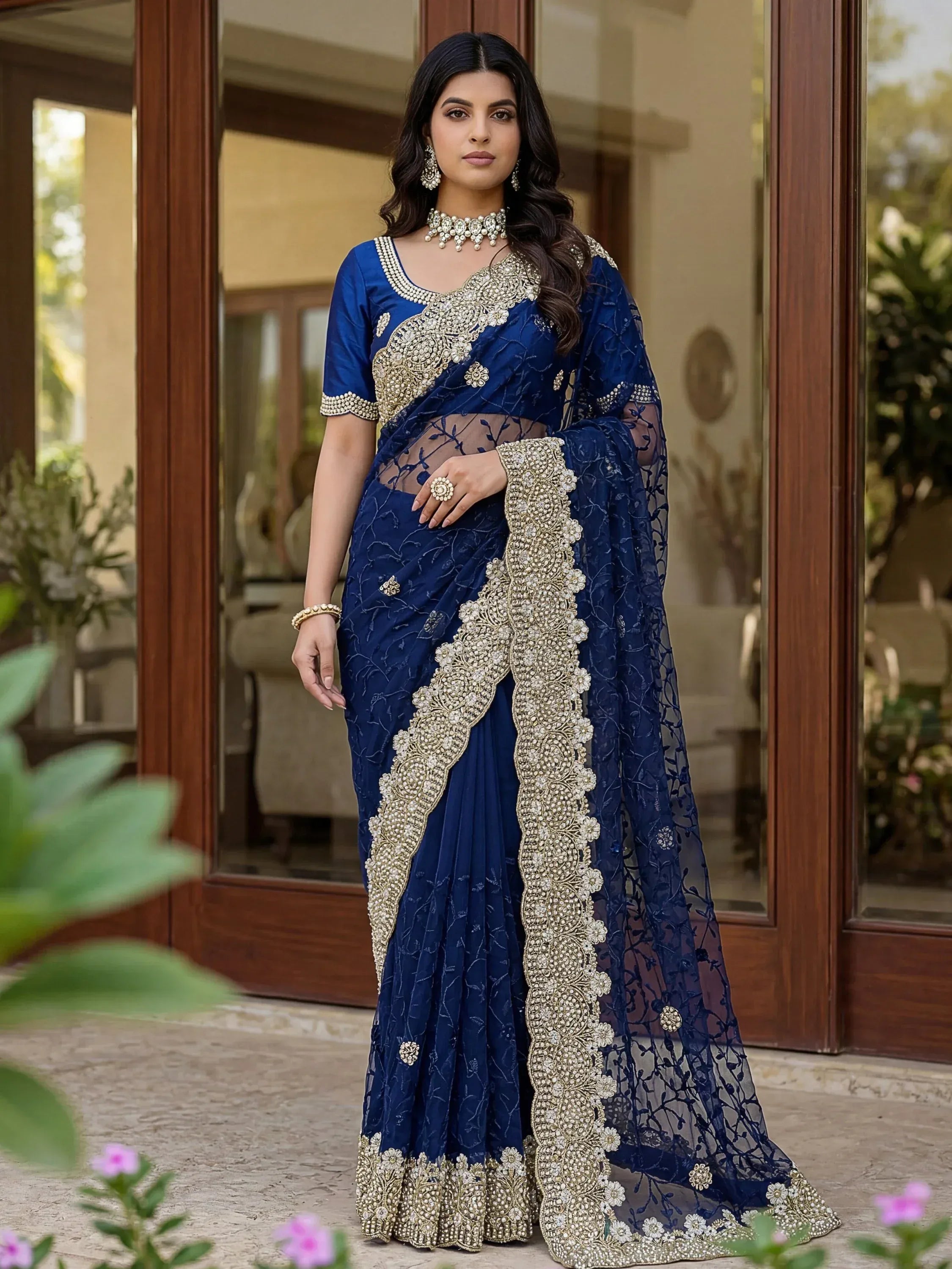 Awesome Navy Blue Net Thread Work Event Wear Saree With Blouse