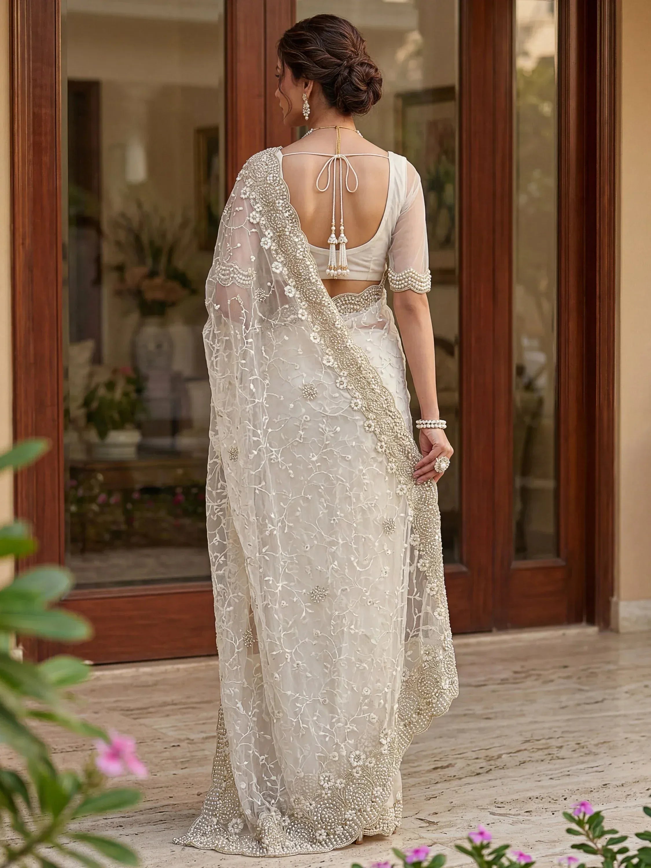 Astonishing White Pearl Work Net Festive Wear Saree With Blouse