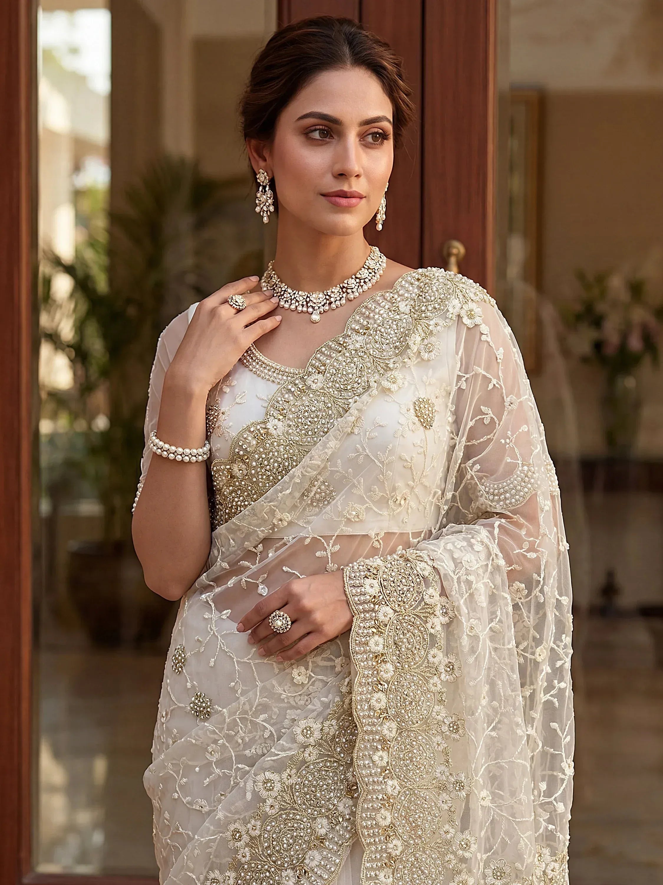 Astonishing White Pearl Work Net Festive Wear Saree With Blouse
