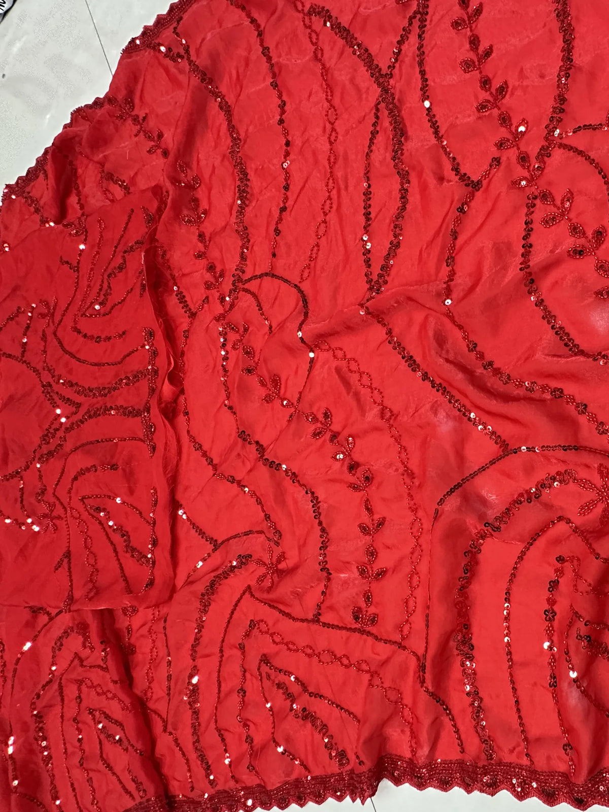 Monochrome Red Bead Work Satin Bridal Wear Saree With Blouse