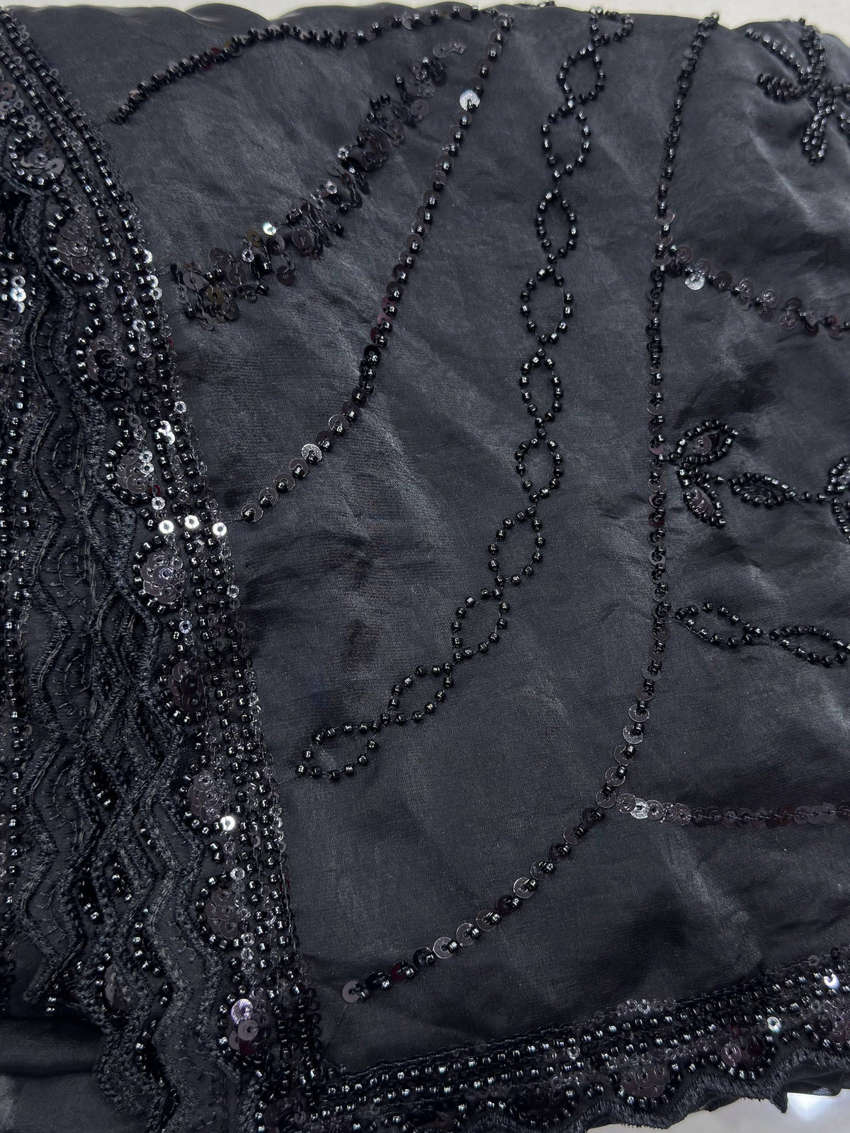 Fantastic Black Pearl Work Satin Party Wear Saree With Blouse