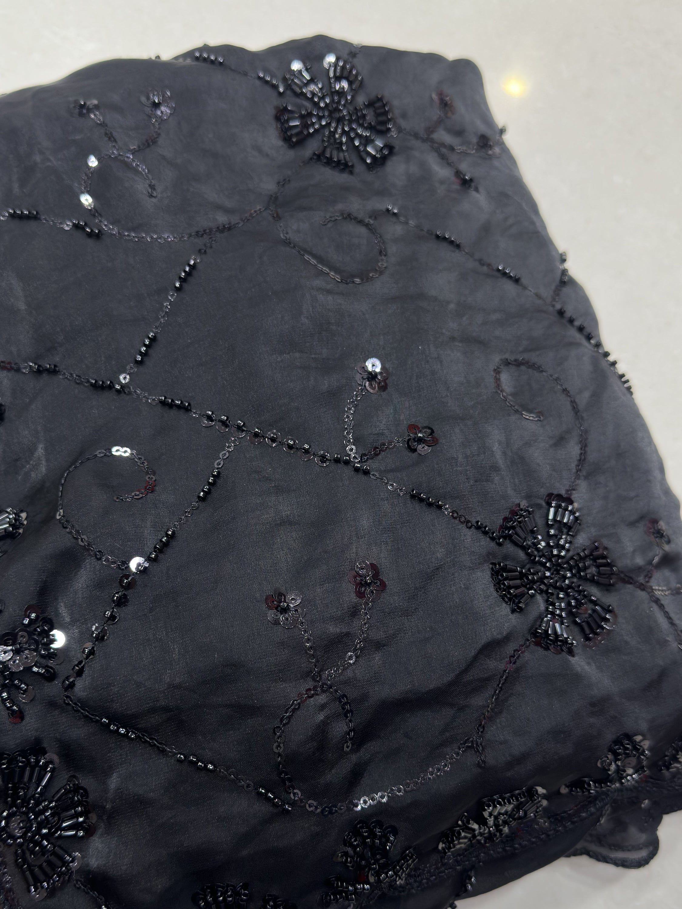 Graceful Black Embroidered Satin Function Wear Saree With Blouse