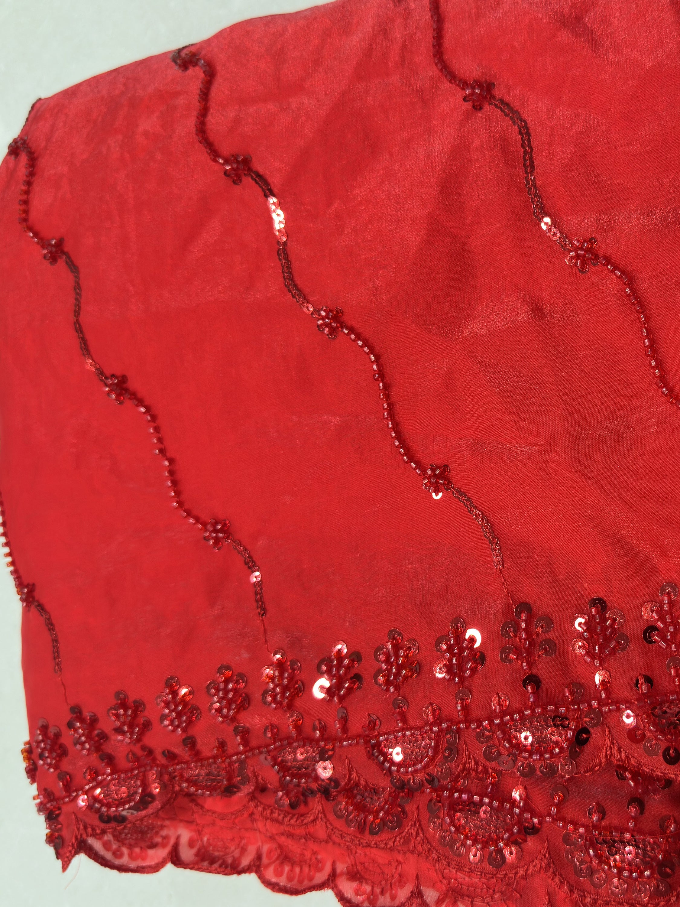 Terrific Red Sequins Satin Bridal Wear Saree With Blouse