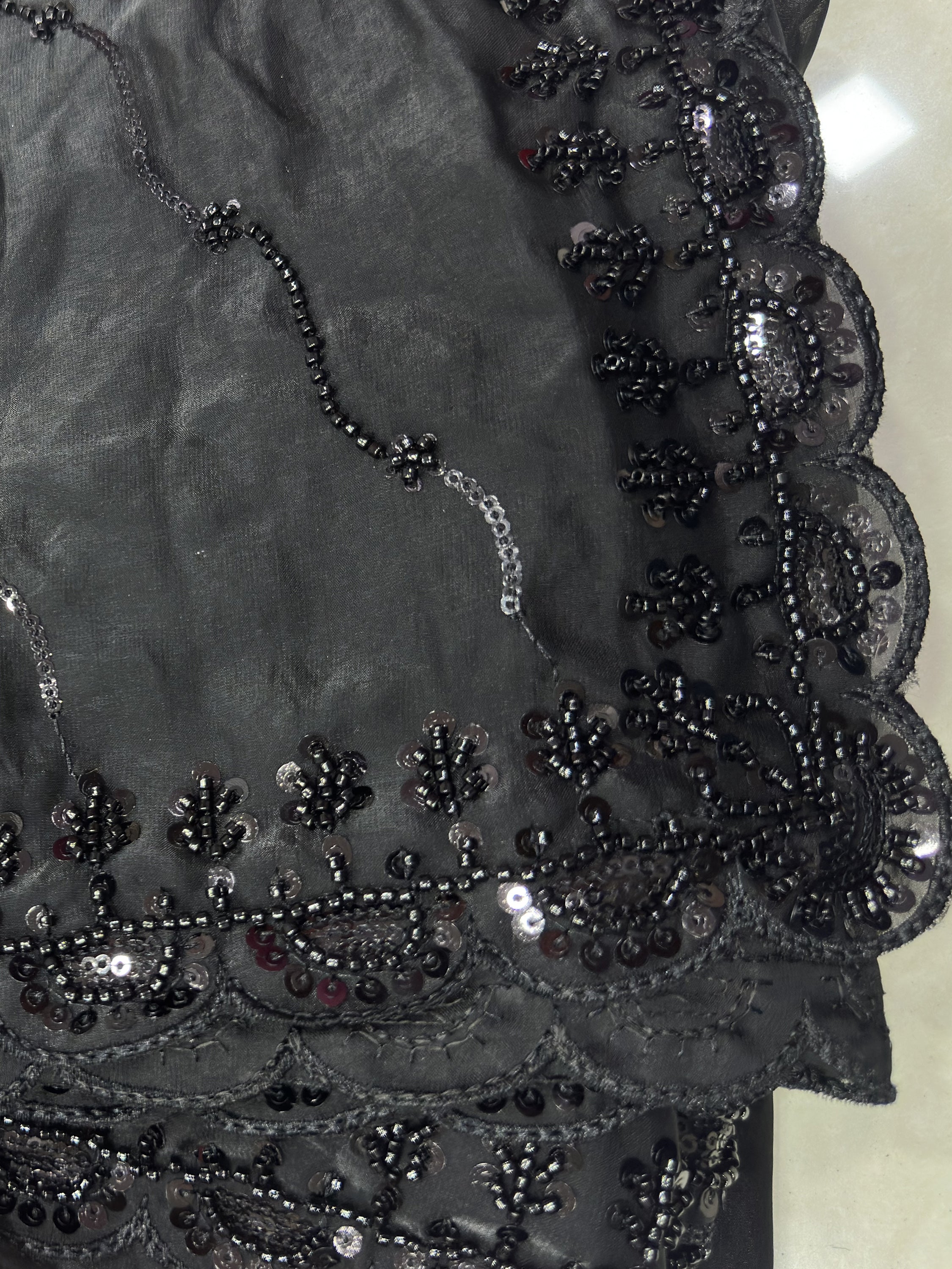 Breathtaking Black Bead Work Satin Reception Wear Saree With Blouse