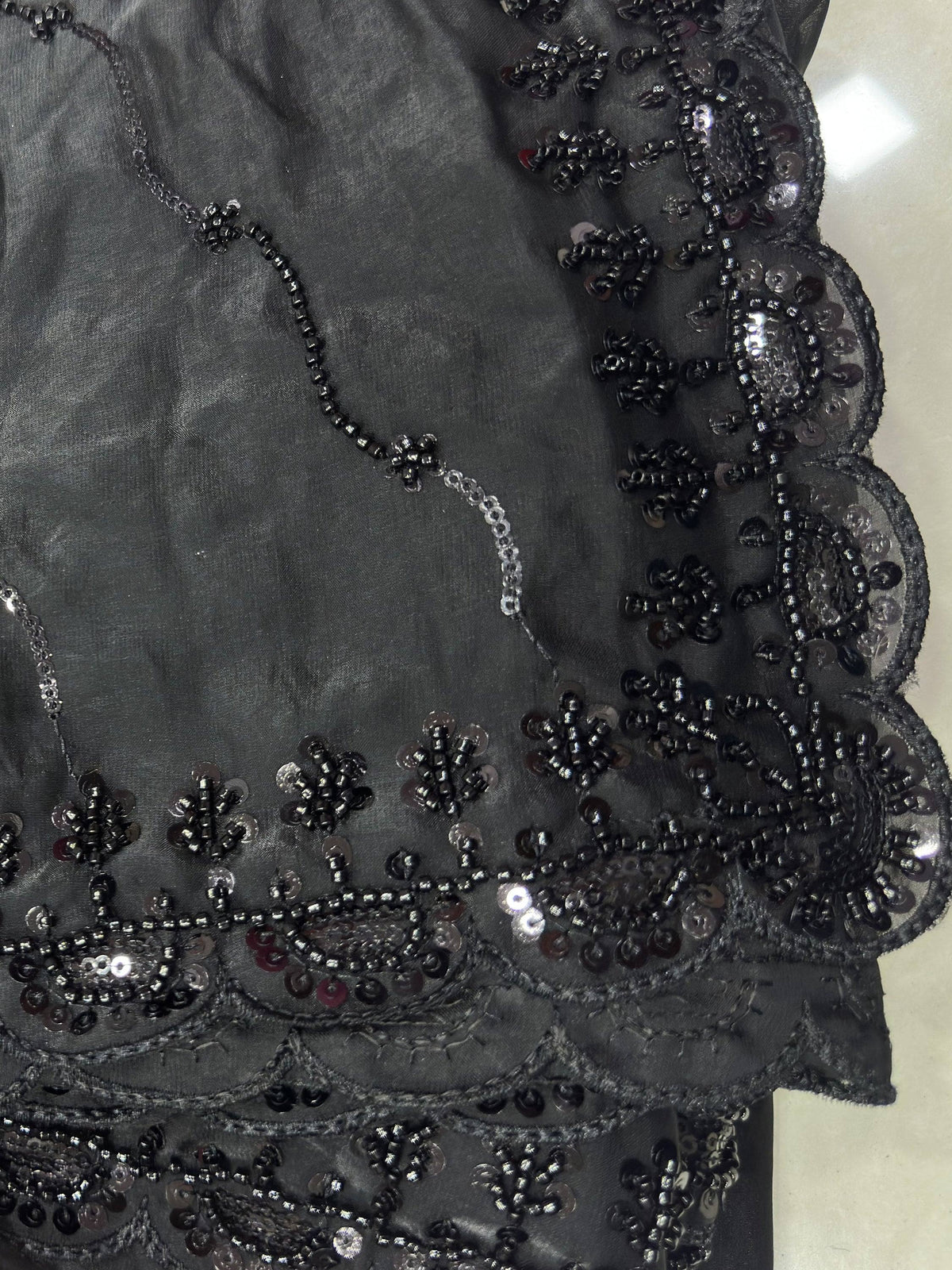 Breathtaking Black Bead Work Satin Reception Wear Saree With Blouse