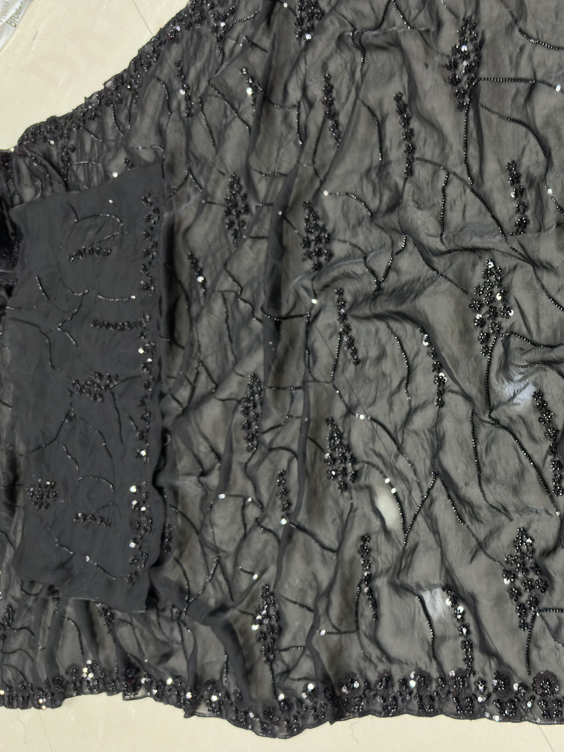 Alluring Black Pearl Work Satin Evening Wear Saree With Blouse