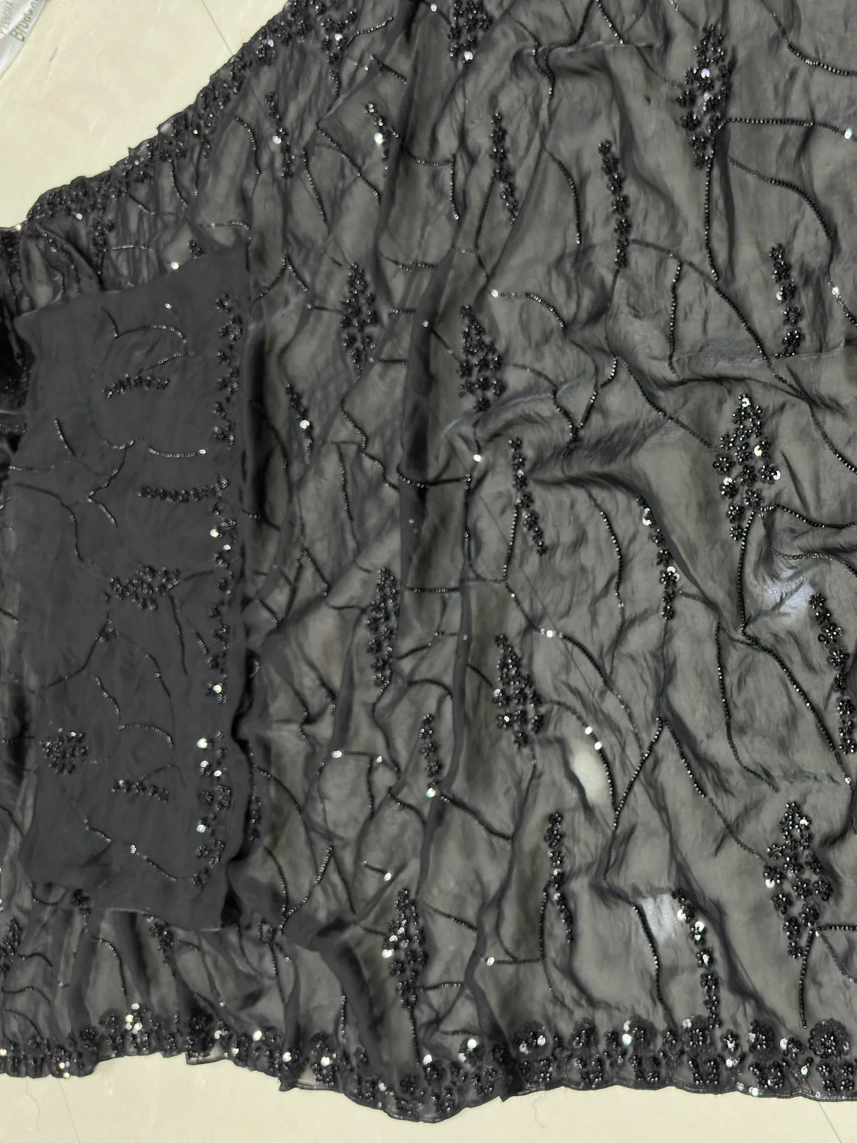 Alluring Black Pearl Work Satin Evening Wear Saree With Blouse