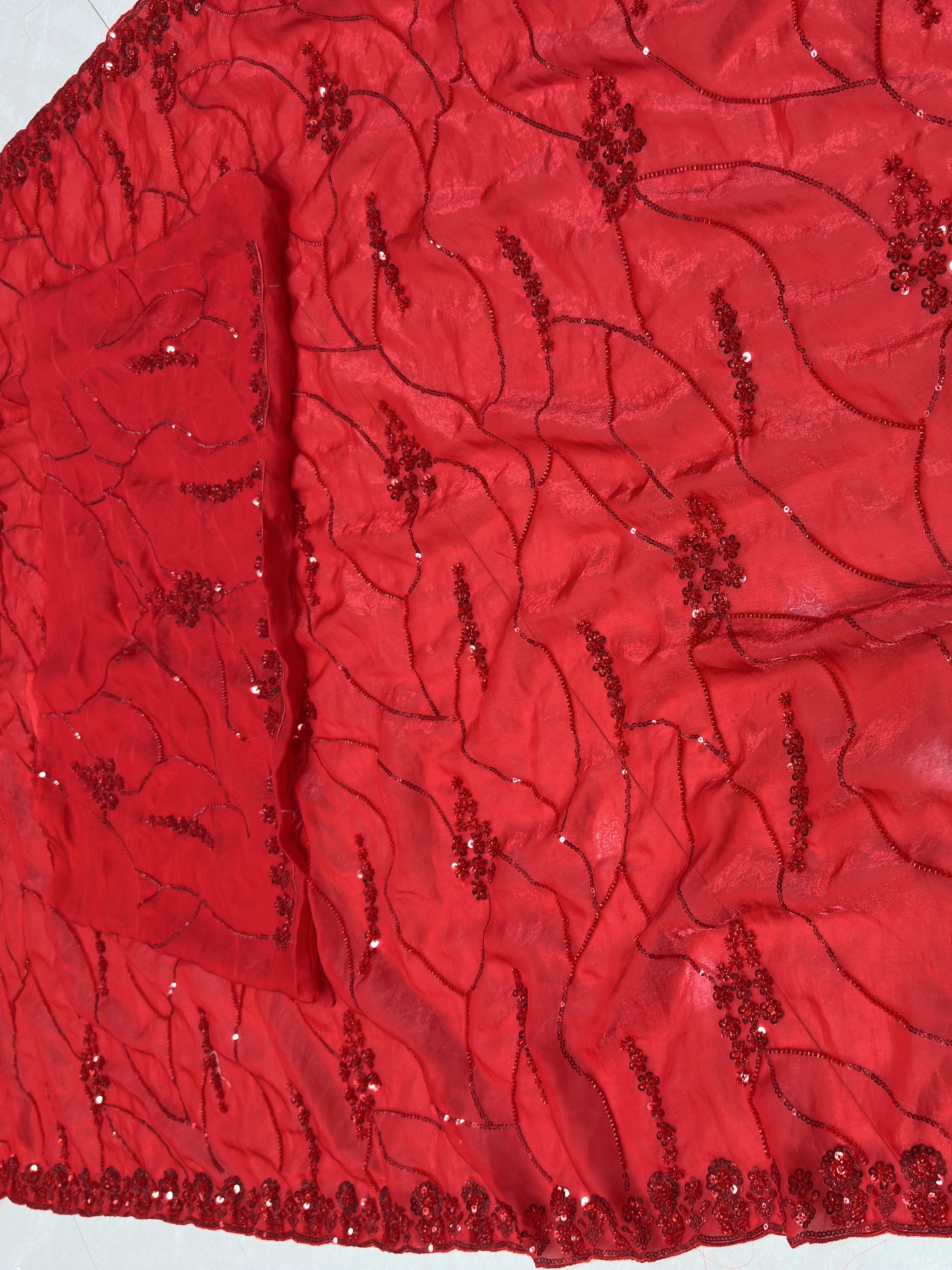 Elegant Red Embroidered Satin Bridal Wear Saree With Blouse