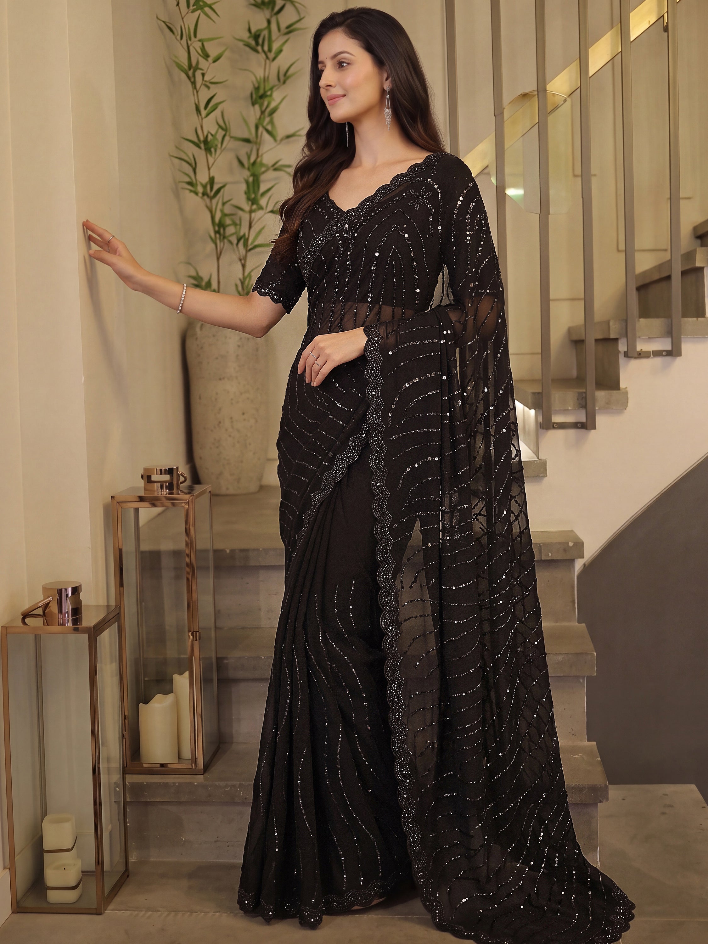 Fantastic Black Pearl Work Satin Party Wear Saree With Blouse