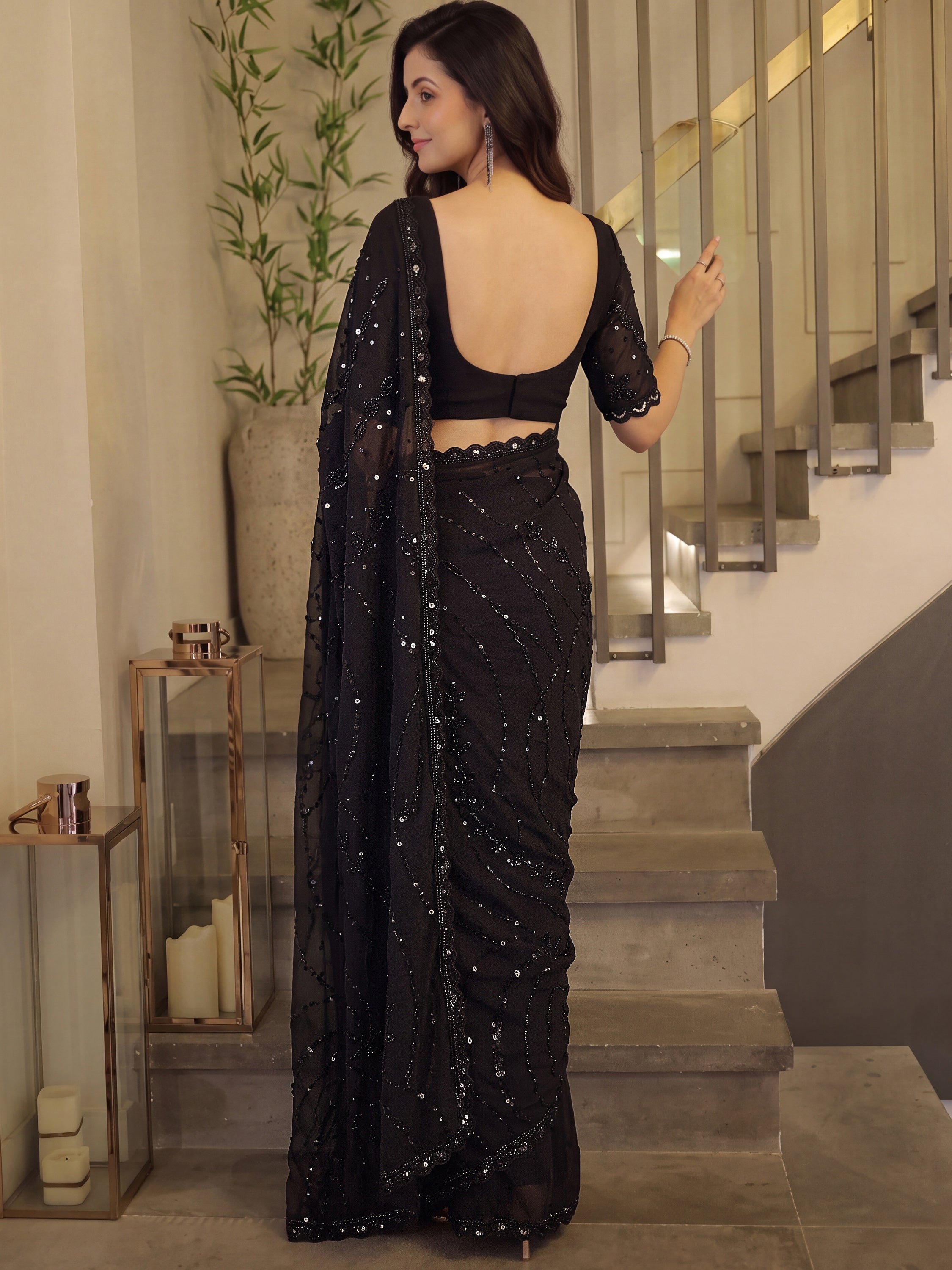 Fantastic Black Pearl Work Satin Party Wear Saree With Blouse