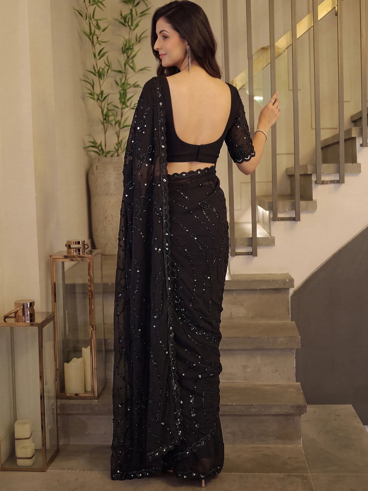 Fantastic Black Pearl Work Satin Party Wear Saree With Blouse