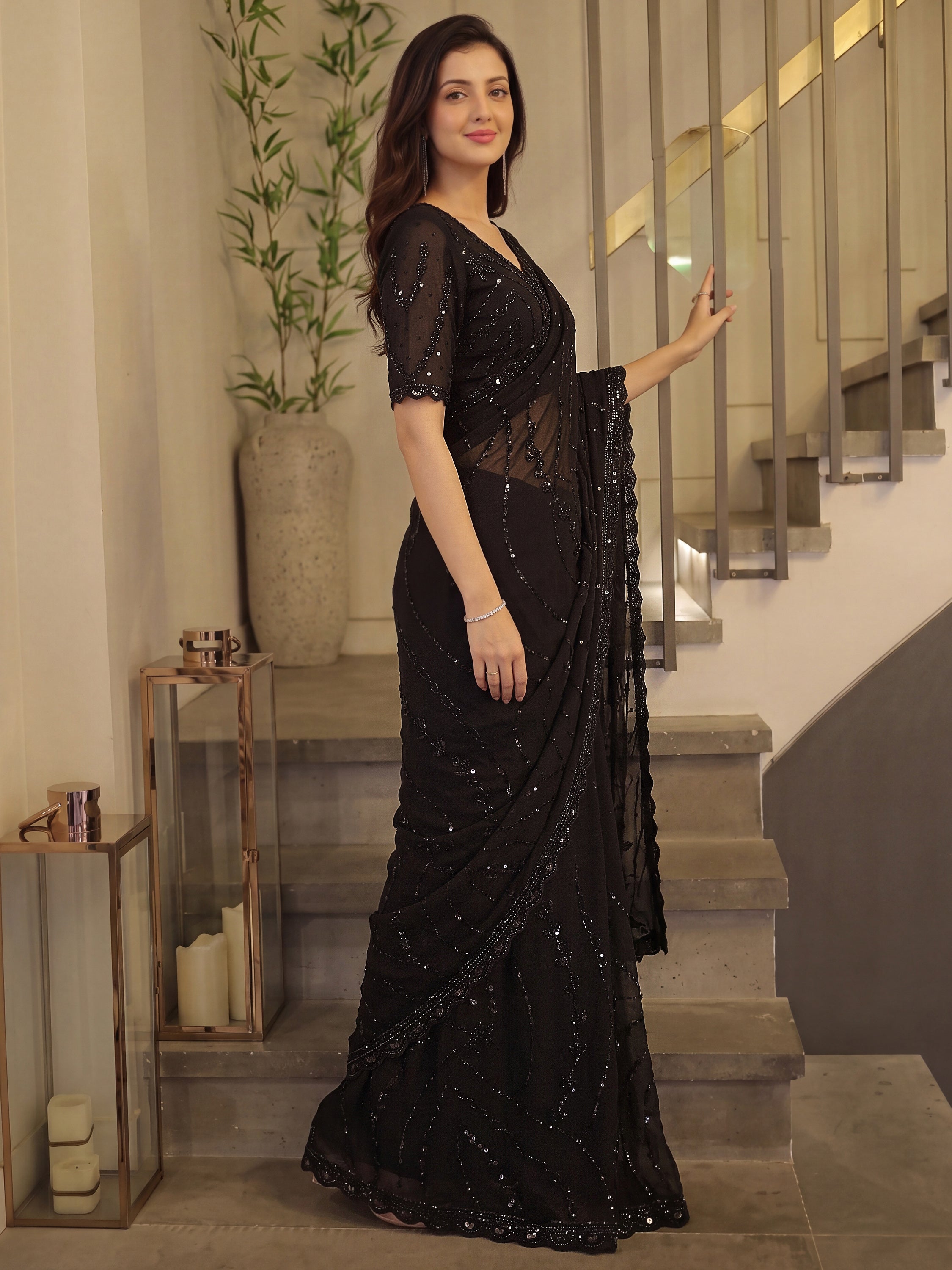 Fantastic Black Pearl Work Satin Party Wear Saree With Blouse