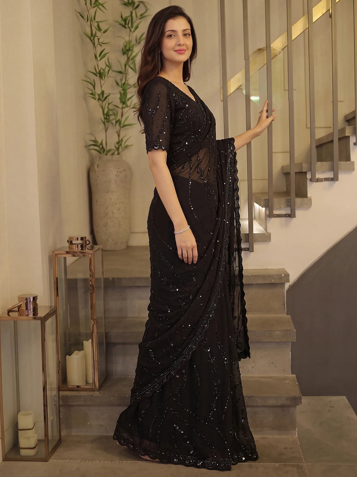 Fantastic Black Pearl Work Satin Party Wear Saree With Blouse