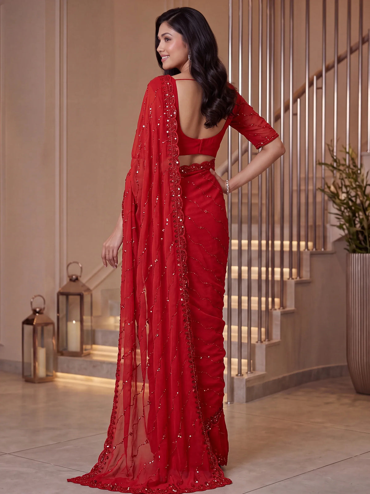 Terrific Red Sequins Satin Bridal Wear Saree With Blouse