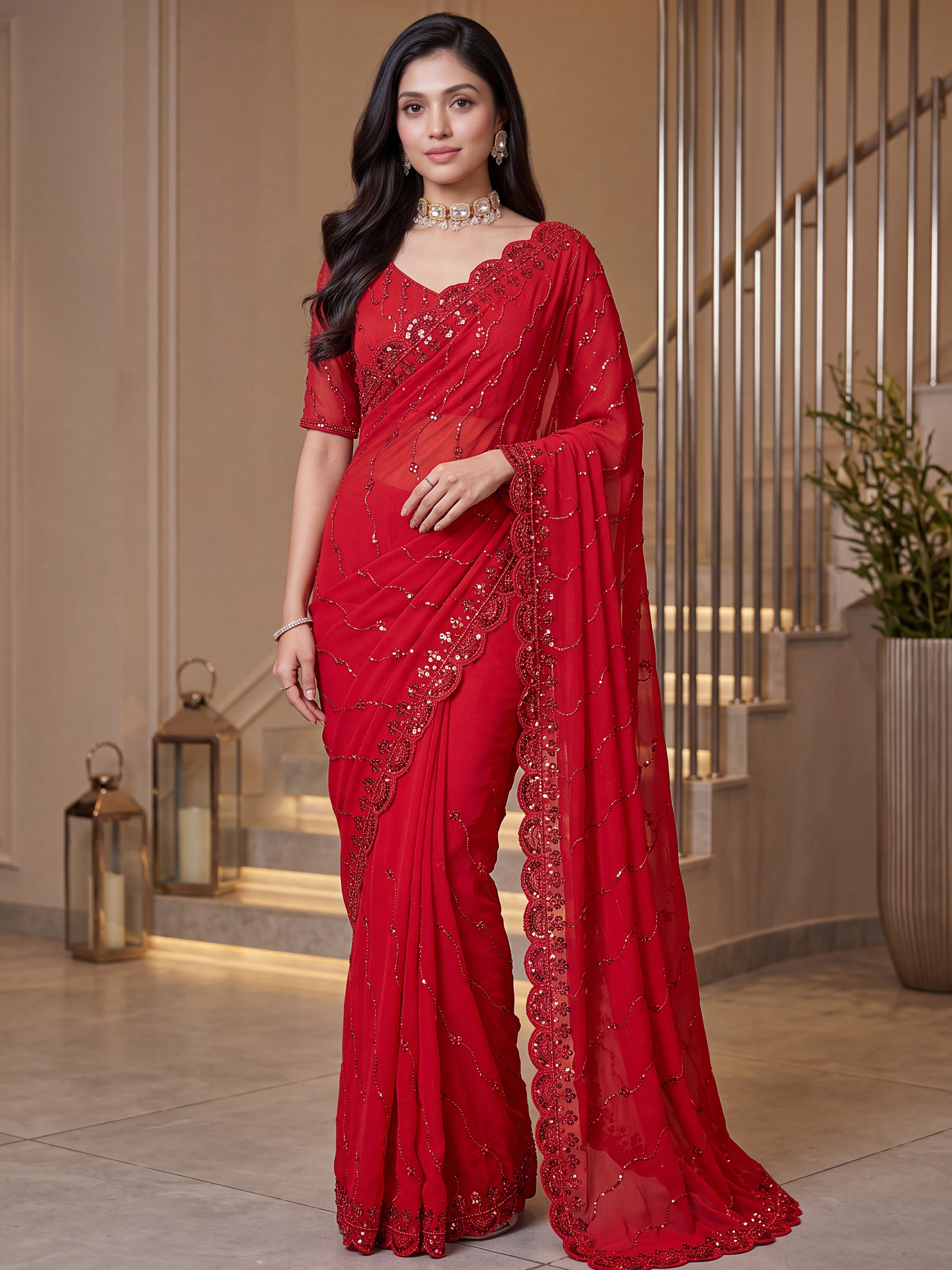 Terrific Red Sequins Satin Bridal Wear Saree With Blouse
