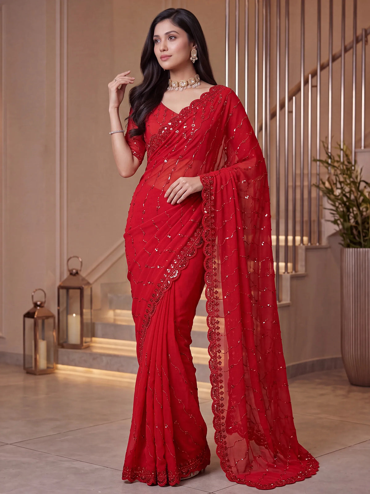 Terrific Red Sequins Satin Bridal Wear Saree With Blouse