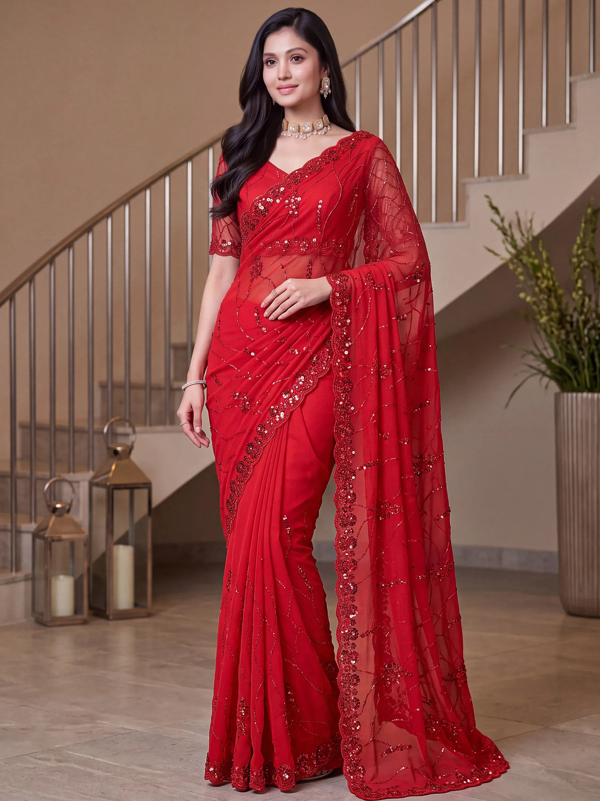 Elegant Red Embroidered Satin Bridal Wear Saree With Blouse