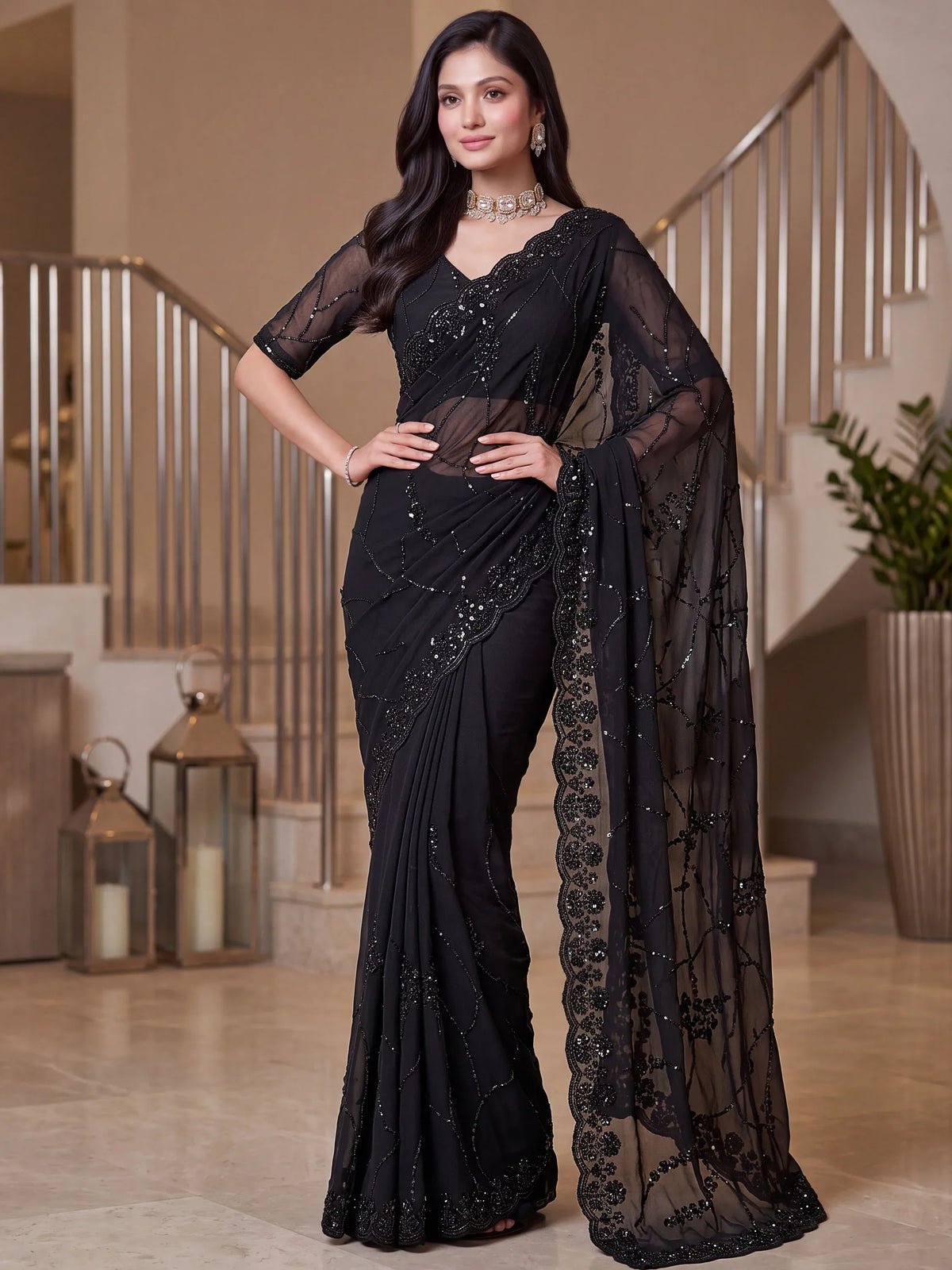 Alluring Black Pearl Work Satin Evening Wear Saree With Blouse