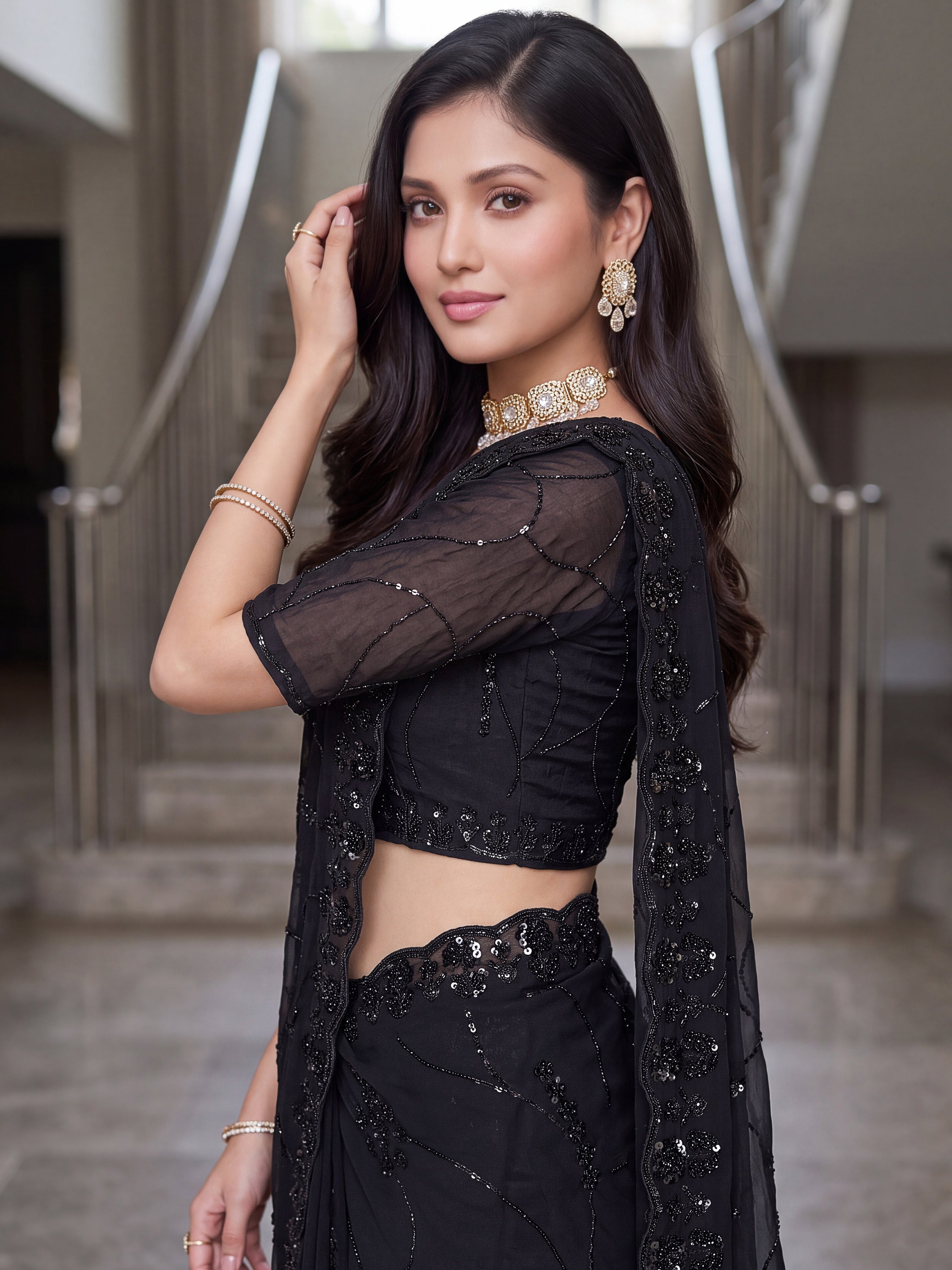 Alluring Black Pearl Work Satin Evening Wear Saree With Blouse