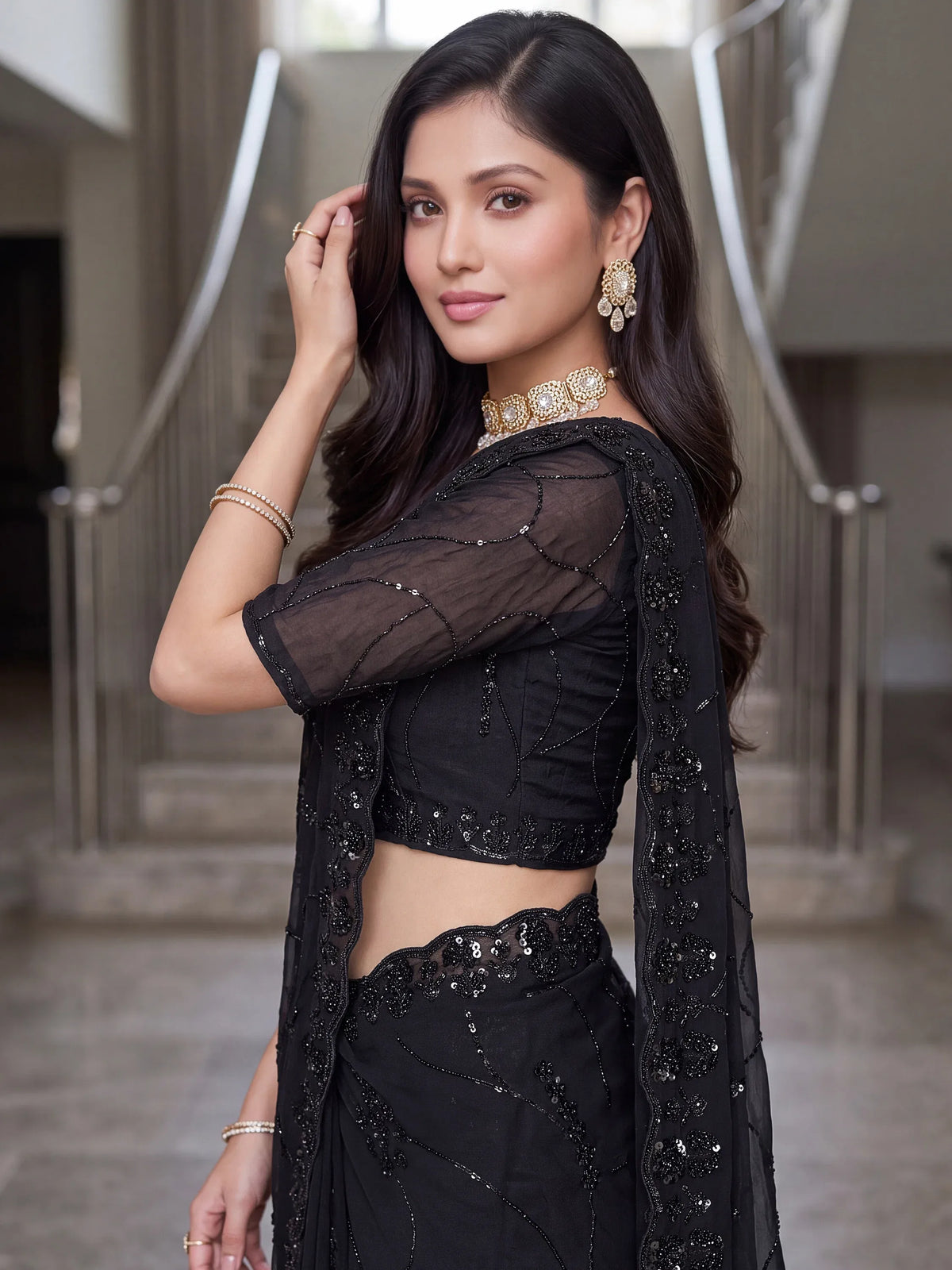 Alluring Black Pearl Work Satin Evening Wear Saree With Blouse