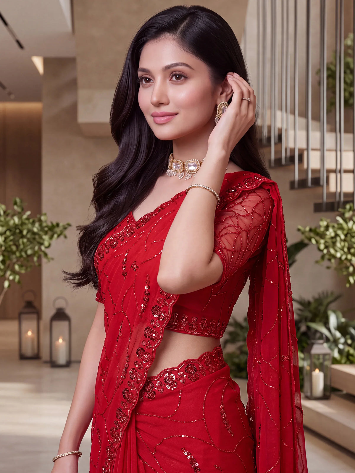 Elegant Red Embroidered Satin Bridal Wear Saree With Blouse