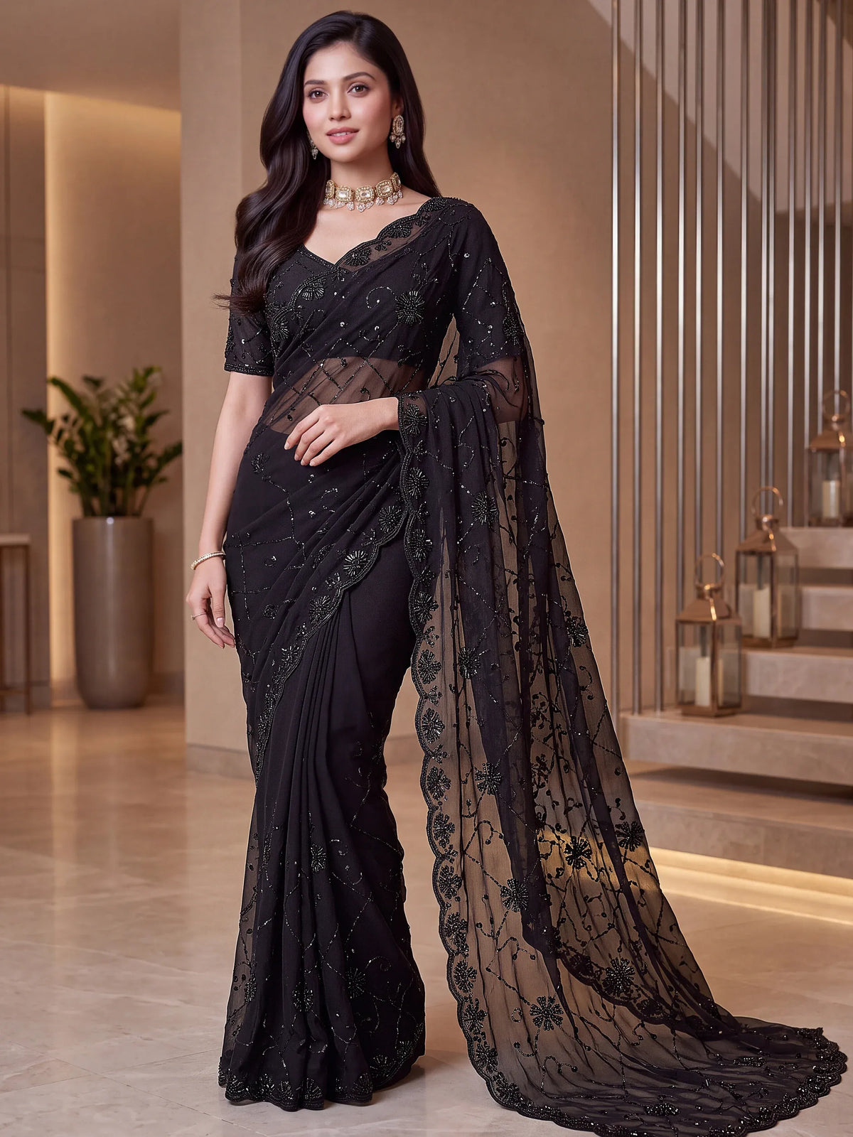 Graceful Black Embroidered Satin Function Wear Saree With Blouse