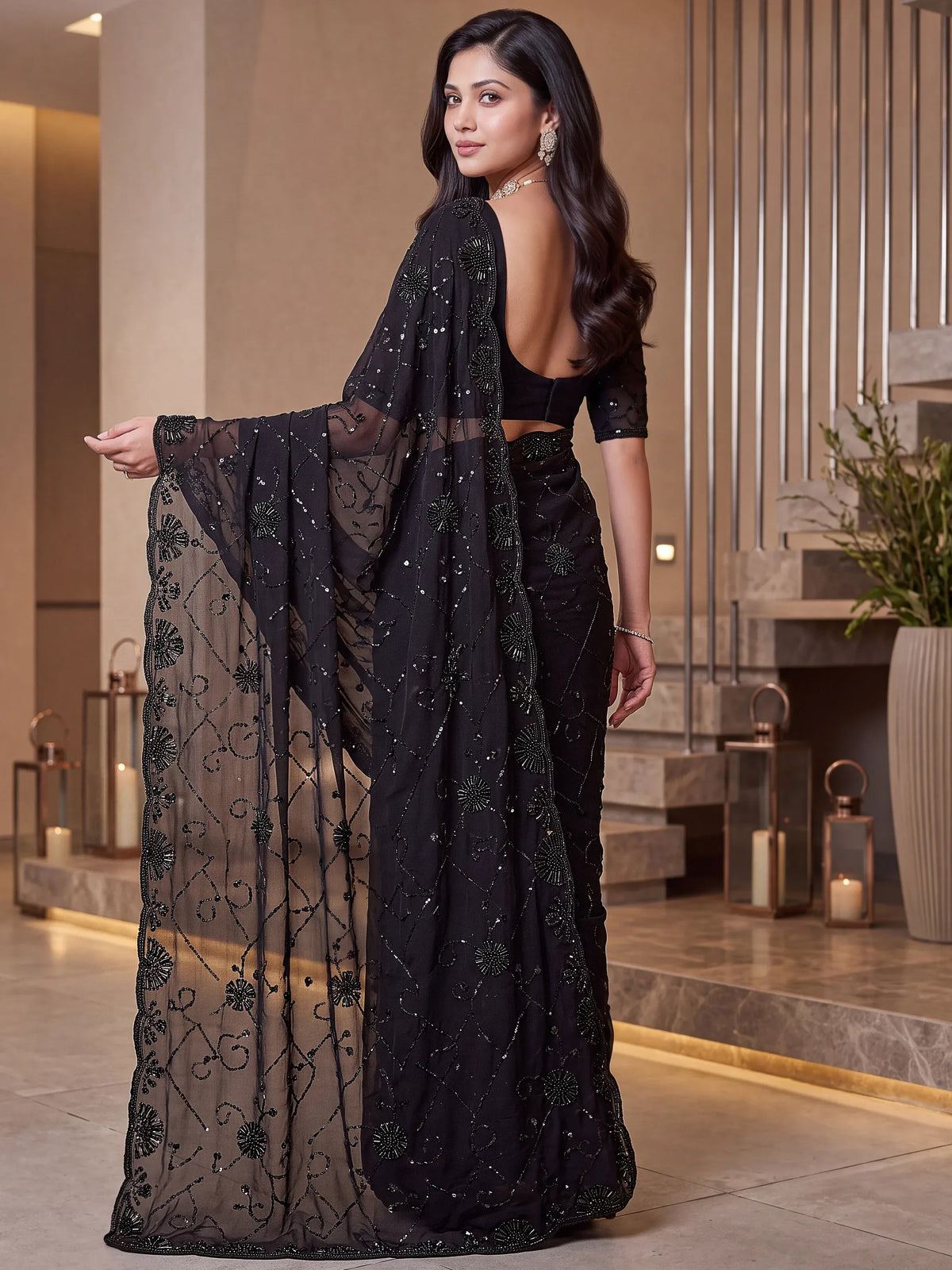 Graceful Black Embroidered Satin Function Wear Saree With Blouse