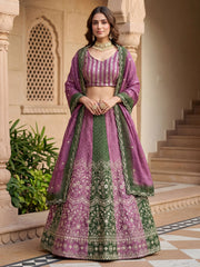 Lovely Green And Purple Embroidered Chinon Festive Wear Lehenga Choli