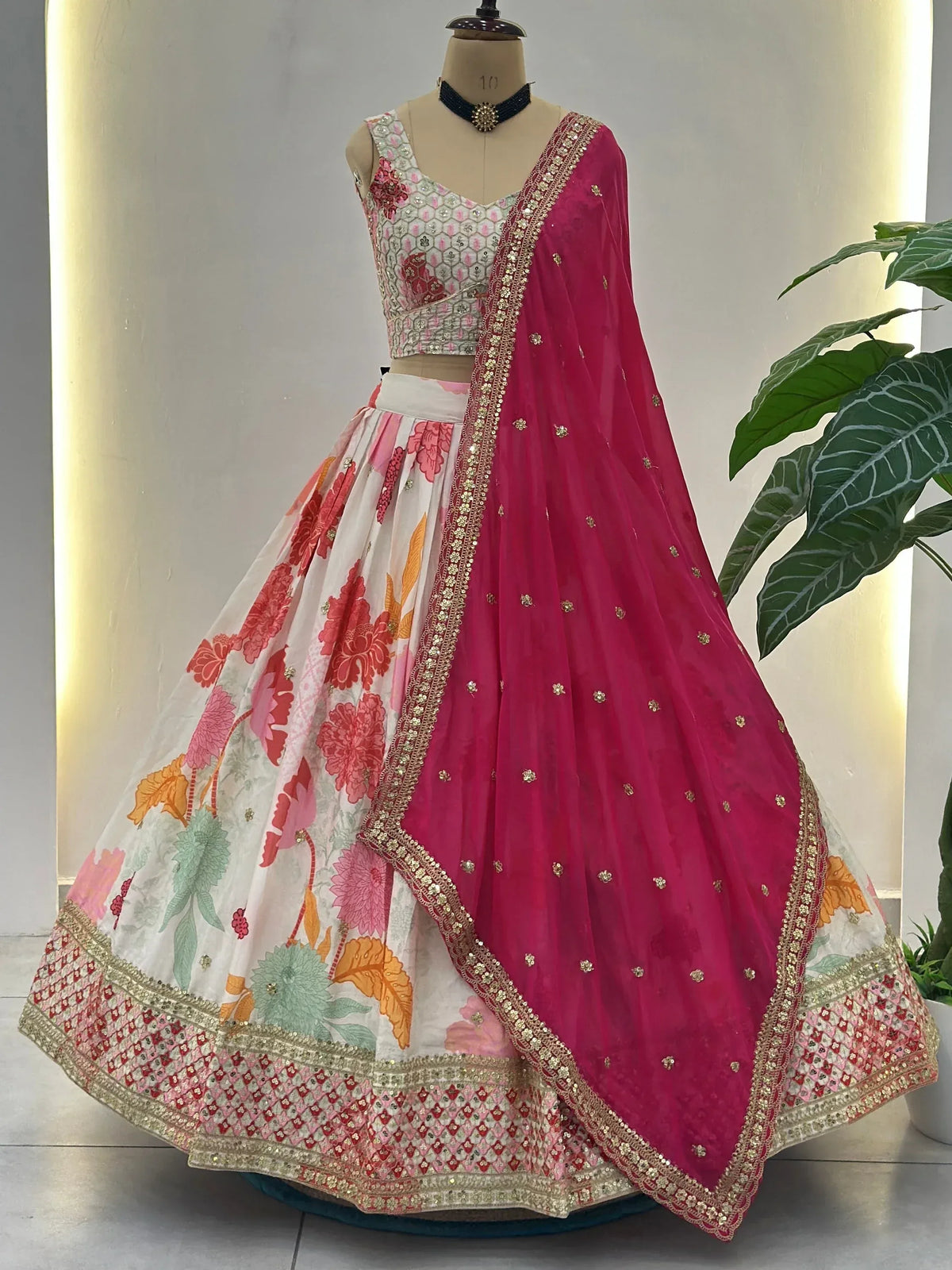 Alluring Off-White Embroidered Silk Bridesmaid Plus Size Lehenga Choli