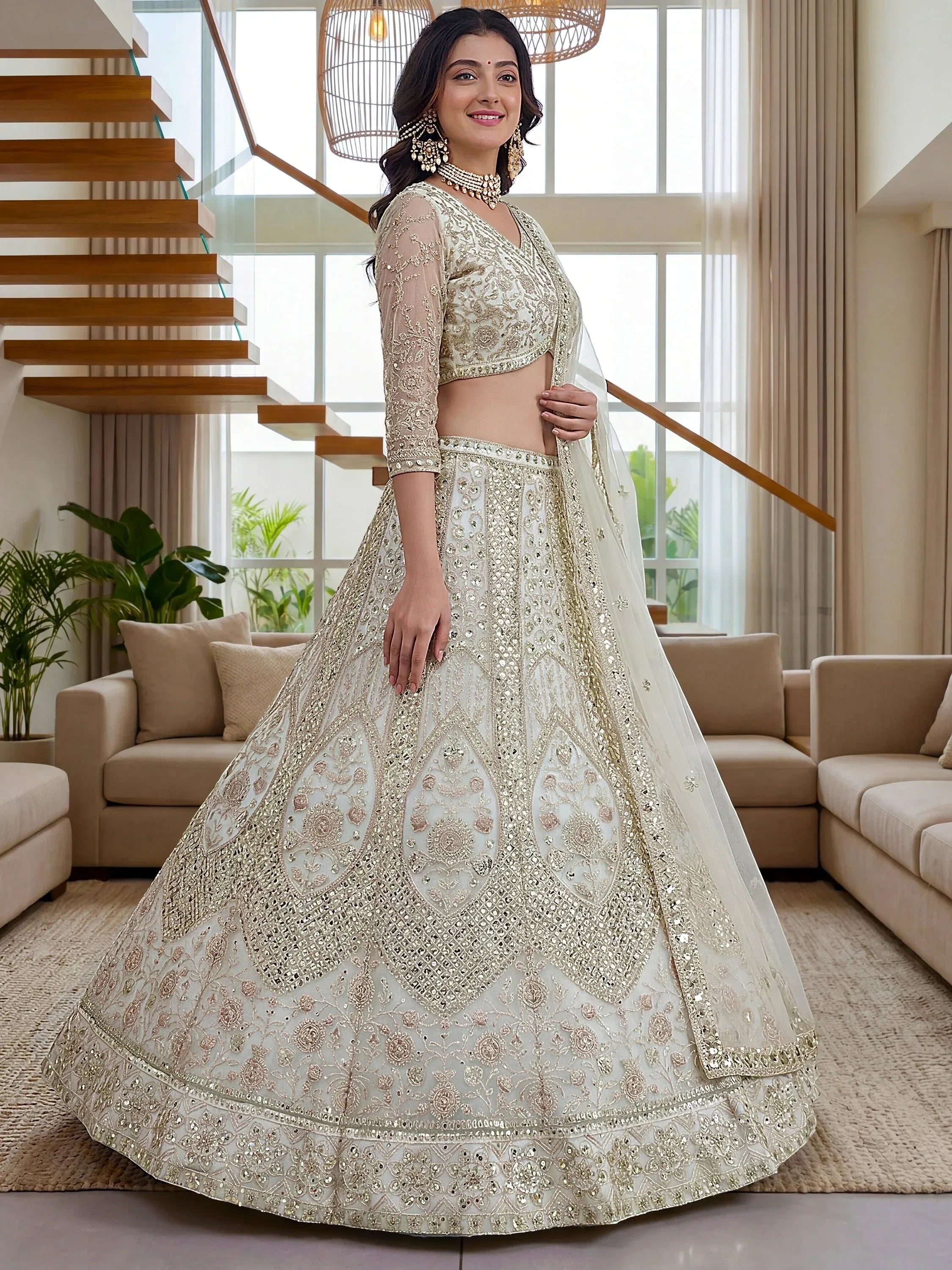 Gorgeous White Embroidered Net Party Wear Lehenga Choli With Dupatta