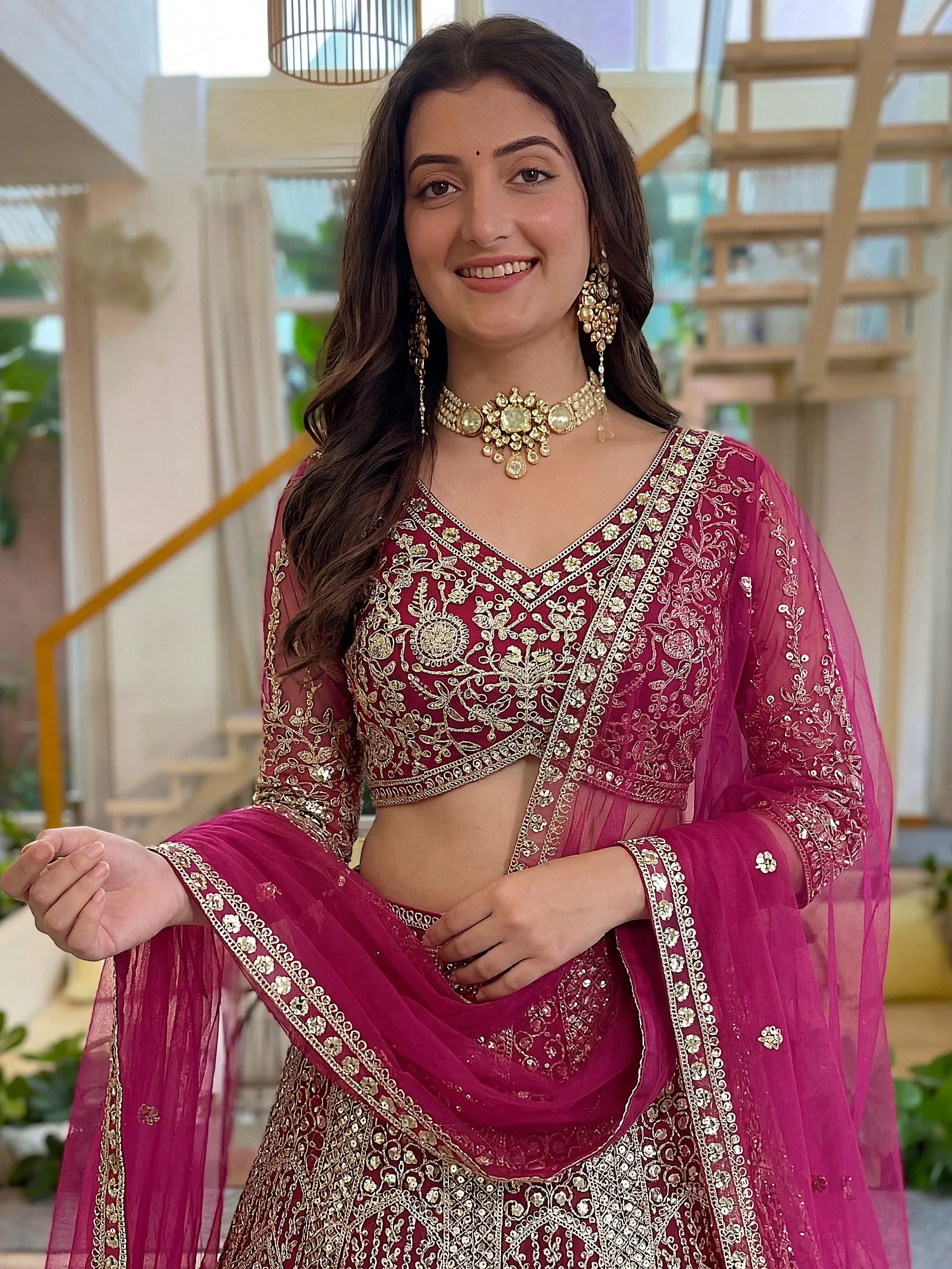 Shiny Pink Codding Embroidery Net Engagement Wear Lehenga With Blouse