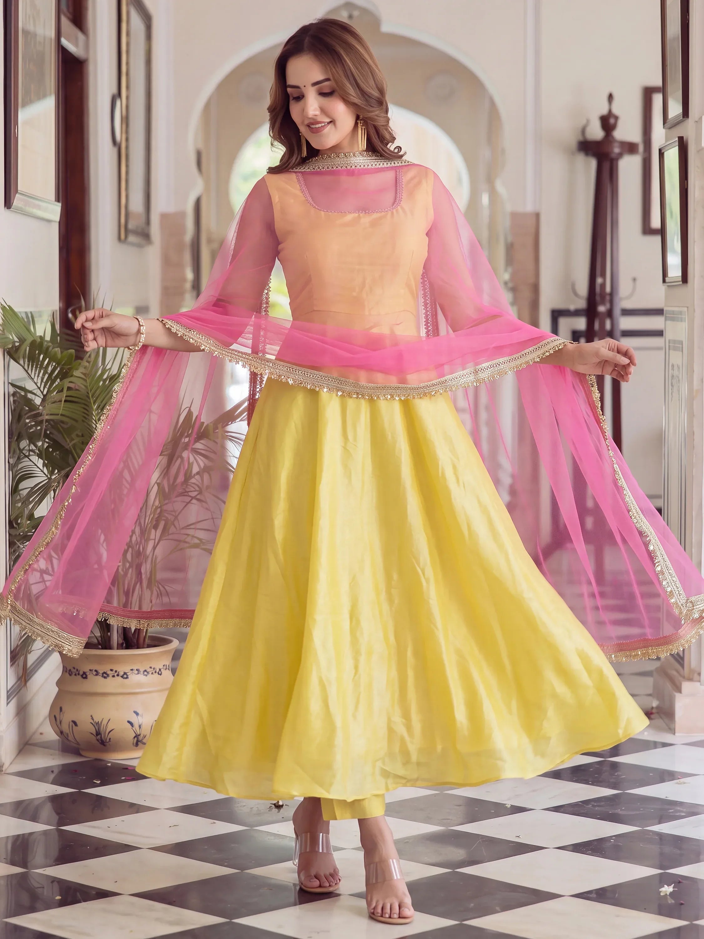 Aesthetics Yellow Laced Silk Party Wear Anarkali Suit With Dupatta