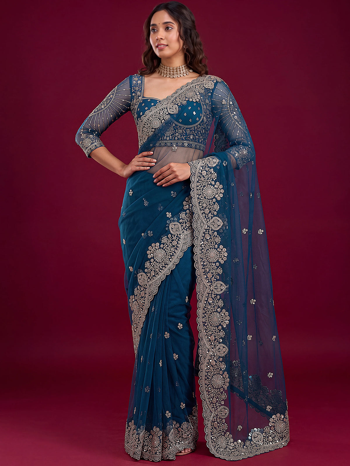 Sparkling Teal Blue Embroidered Net Reception Wear Saree With Blouse