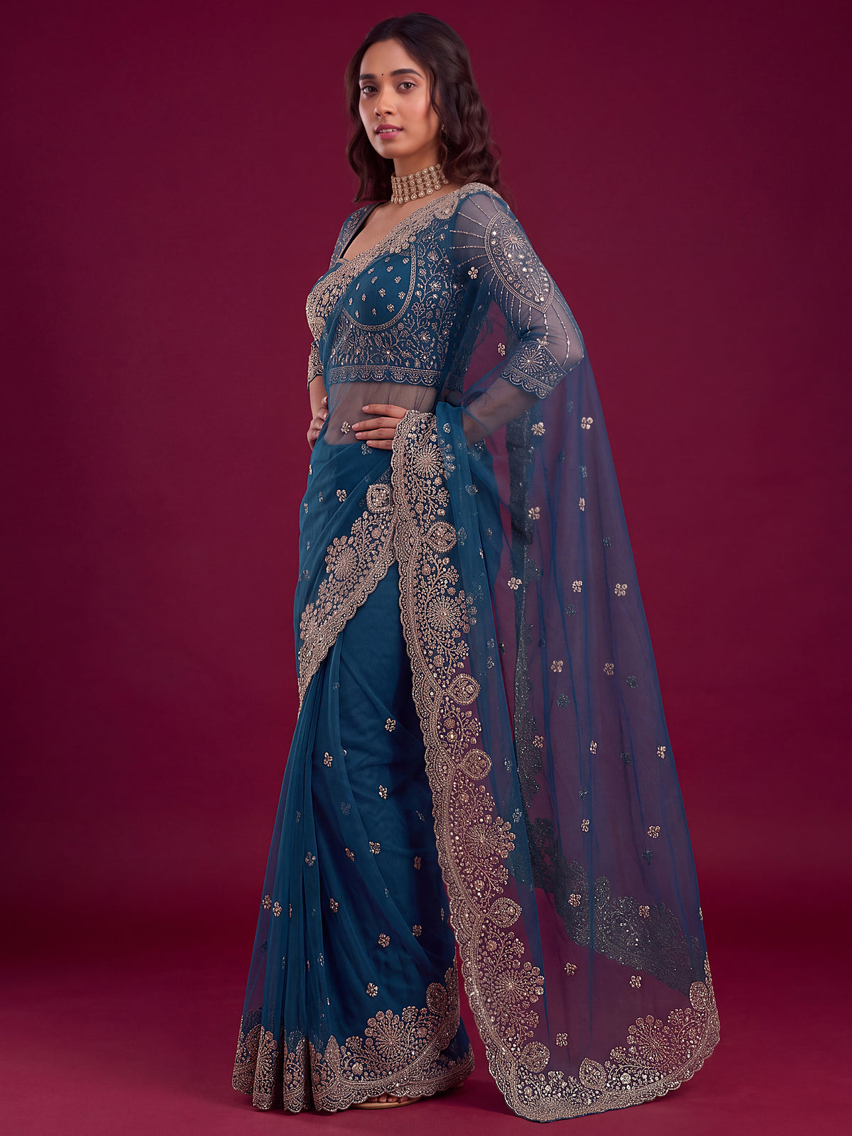 Sparkling Teal Blue Embroidered Net Reception Wear Saree With Blouse