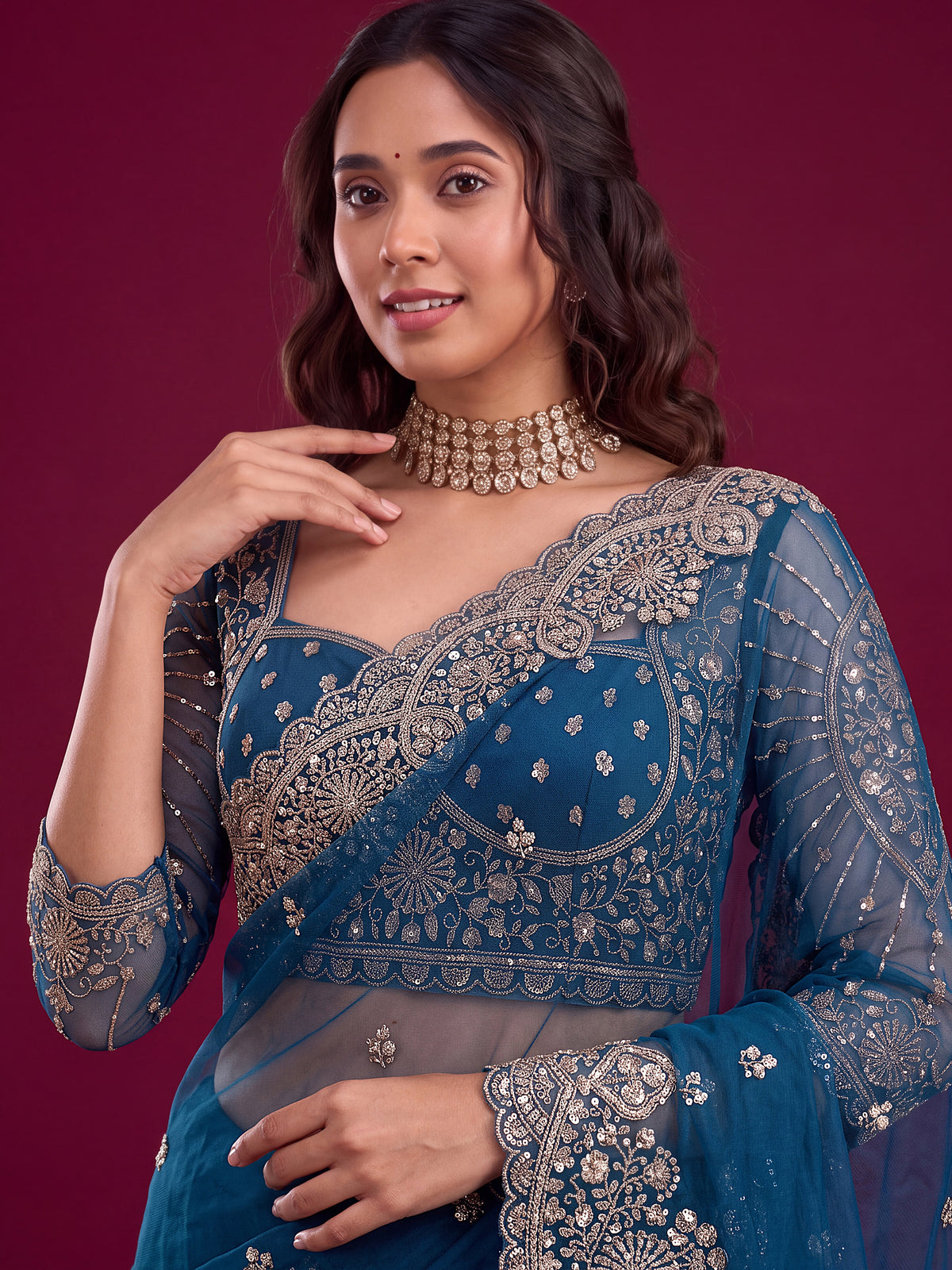 Sparkling Teal Blue Embroidered Net Reception Wear Saree With Blouse
