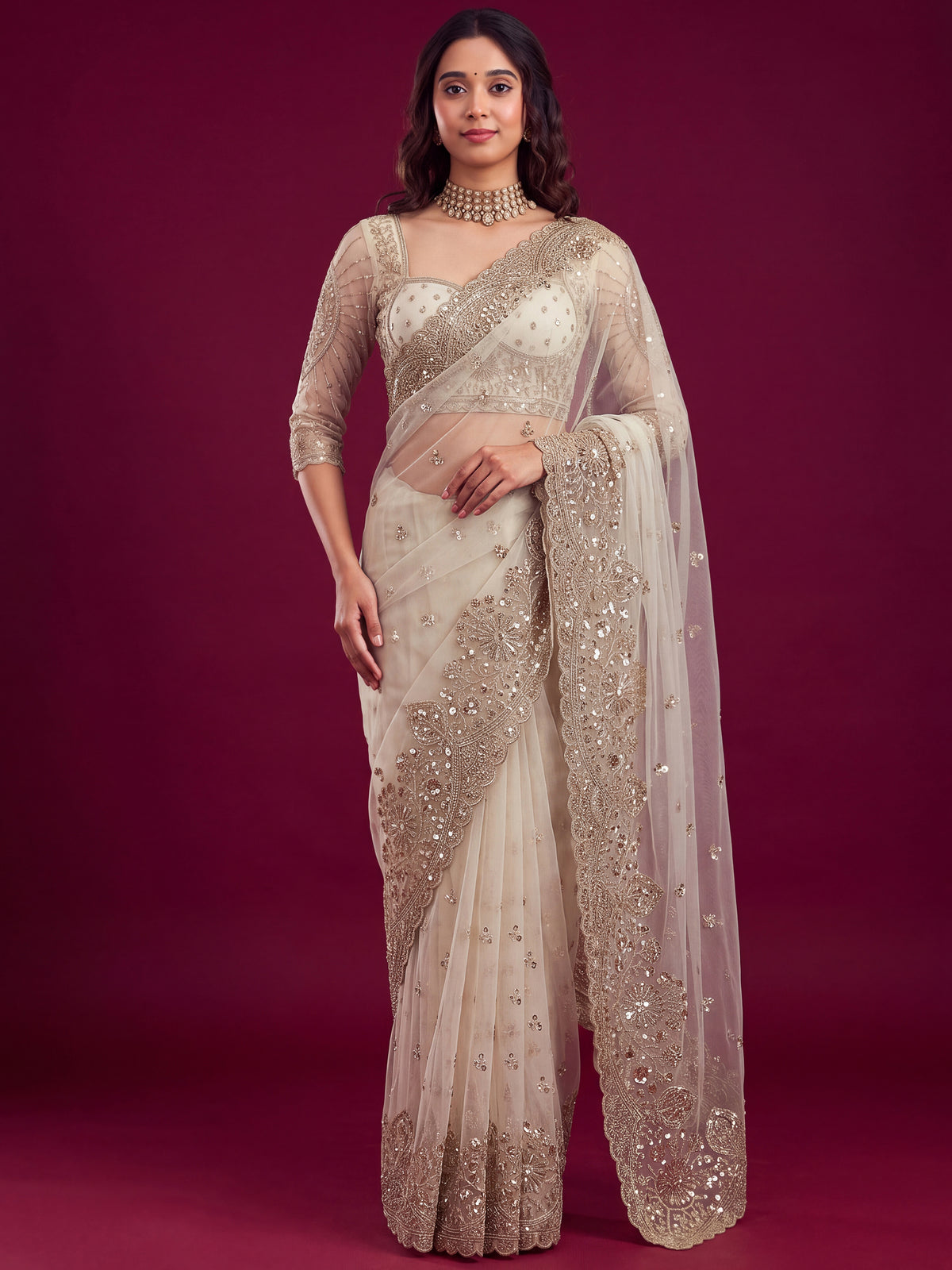 Delightful White Sequins Net Event Wear Saree With Blouse
