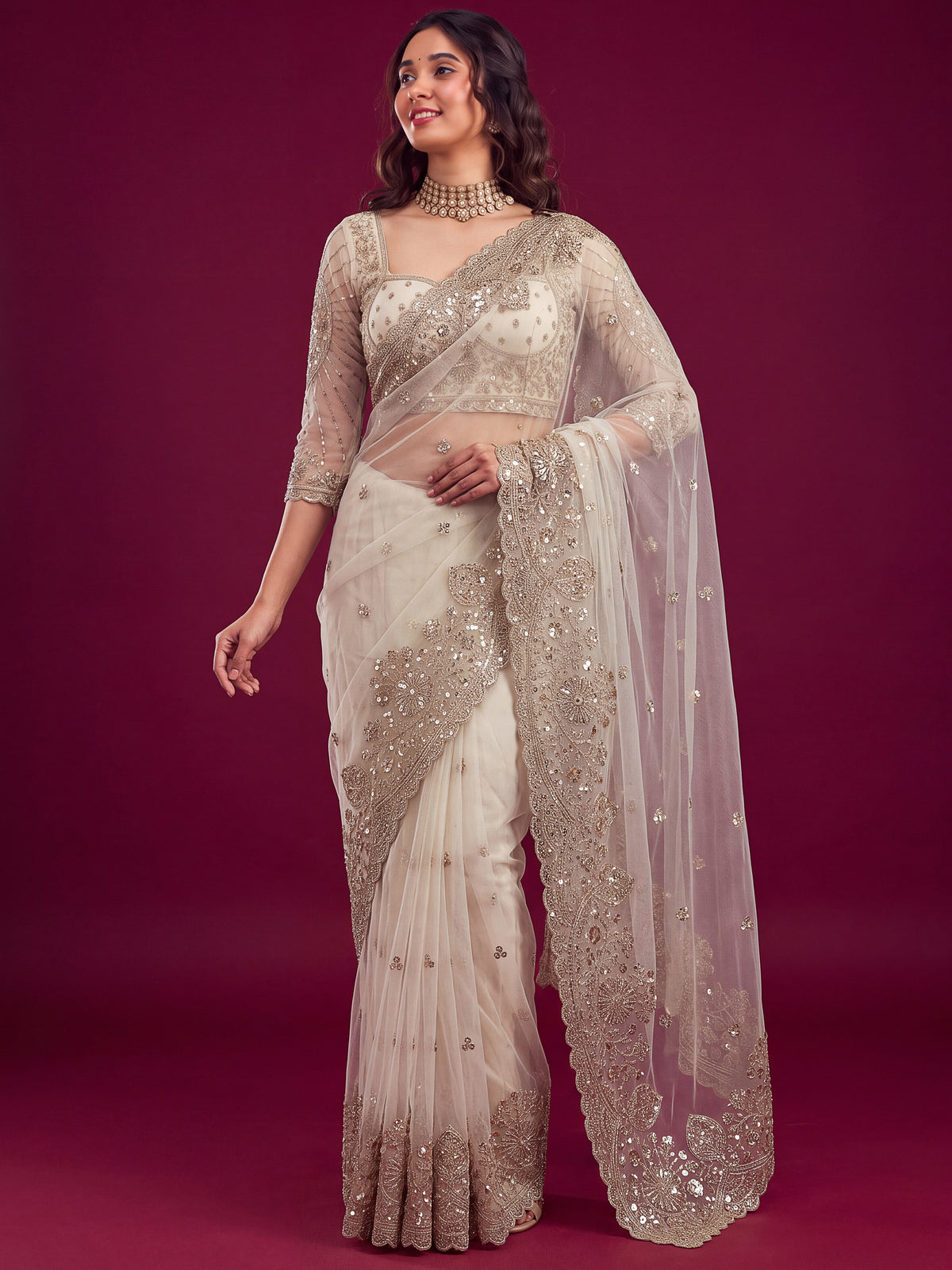 Delightful White Sequins Net Event Wear Saree With Blouse