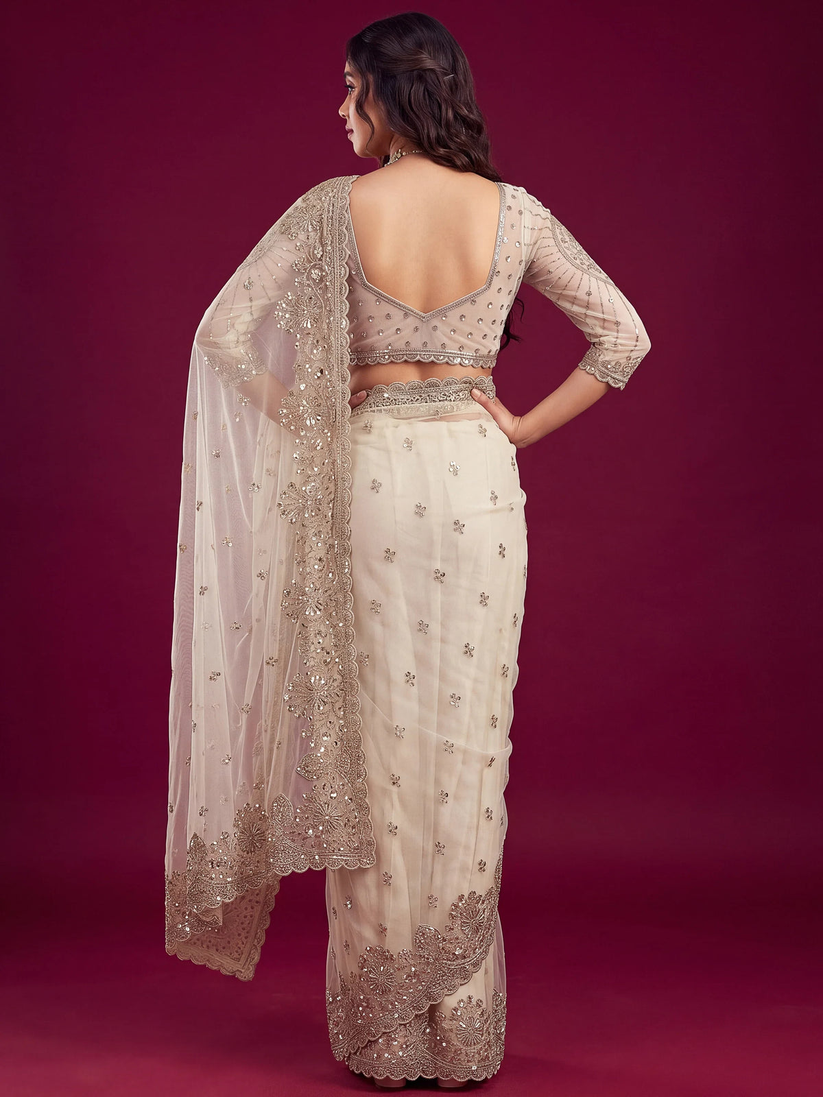Delightful White Sequins Net Event Wear Saree With Blouse