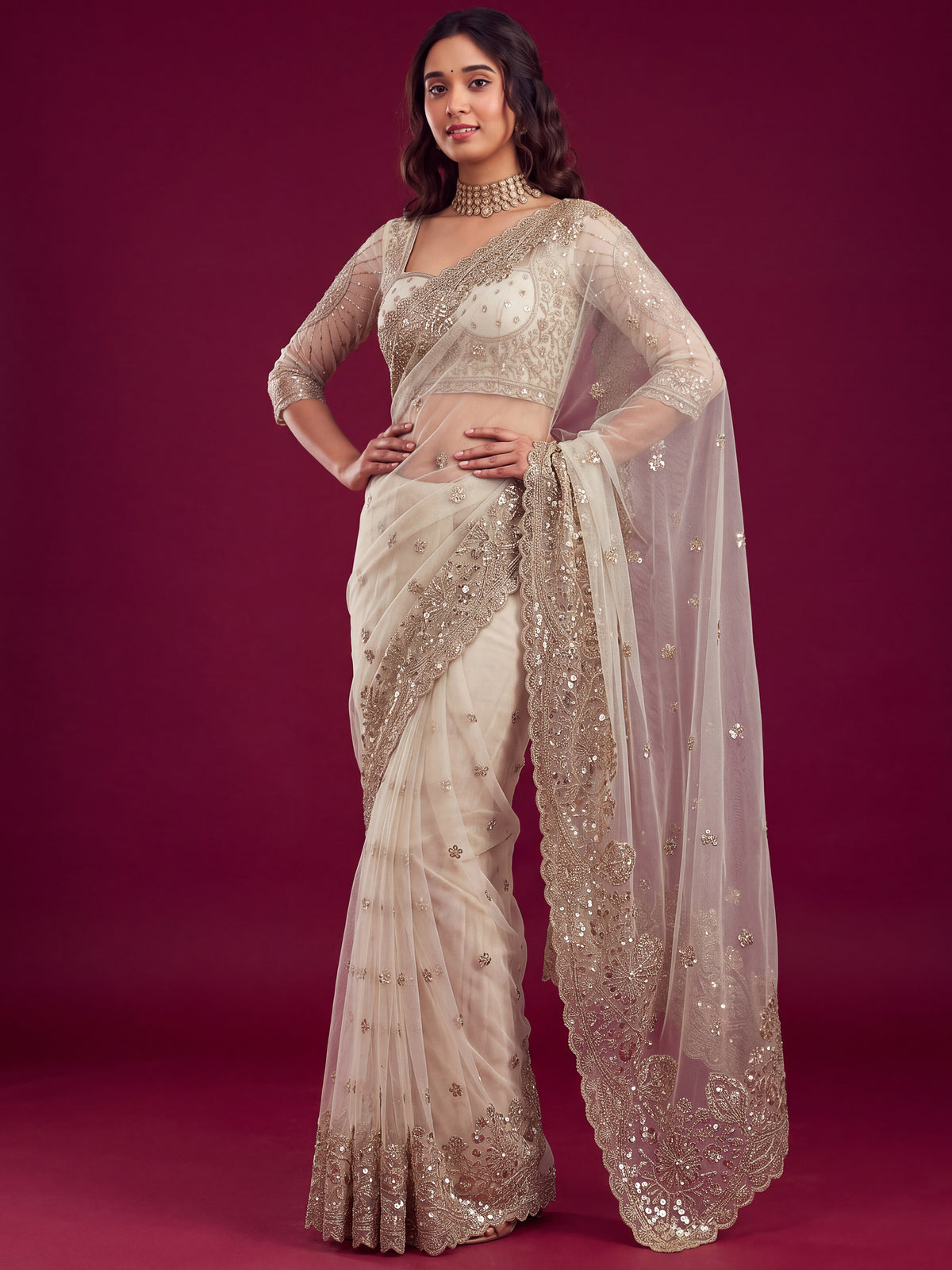 Delightful White Sequins Net Event Wear Saree With Blouse