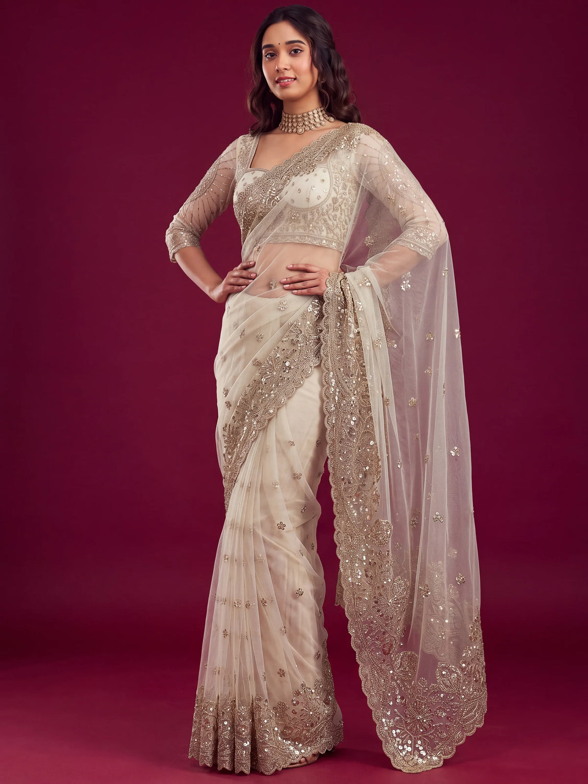 Delightful White Sequins Net Event Wear Saree With Blouse