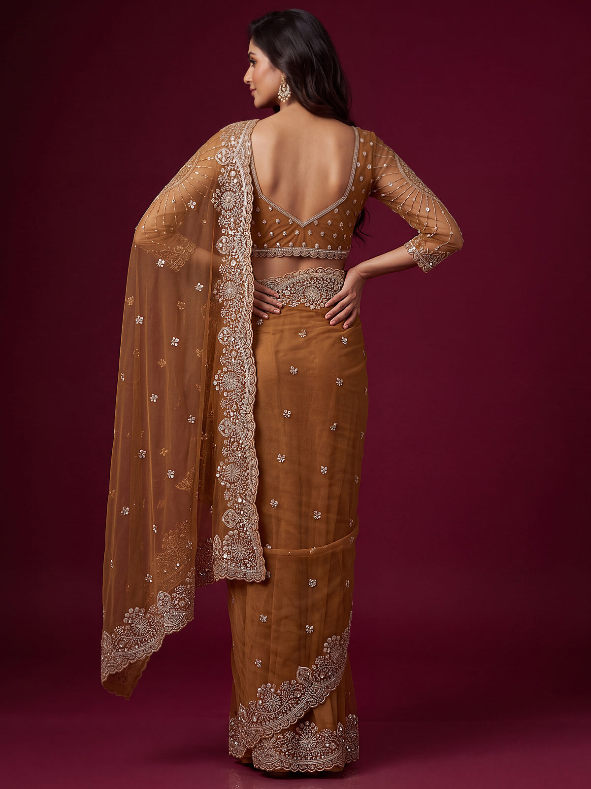 Elegant Brown Sequins Net Wedding Wear Saree With Blouse