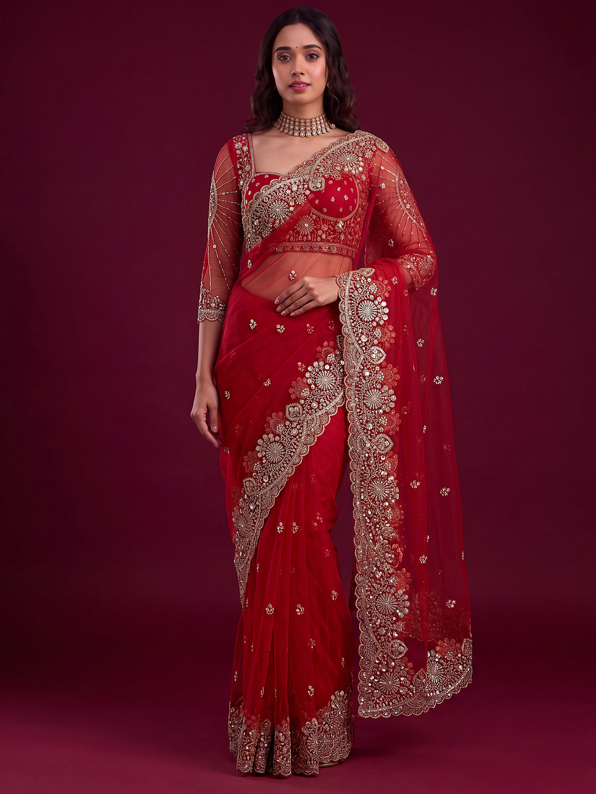 Luxurious Red Embroidered Net Bridal Wear Saree With Blouse