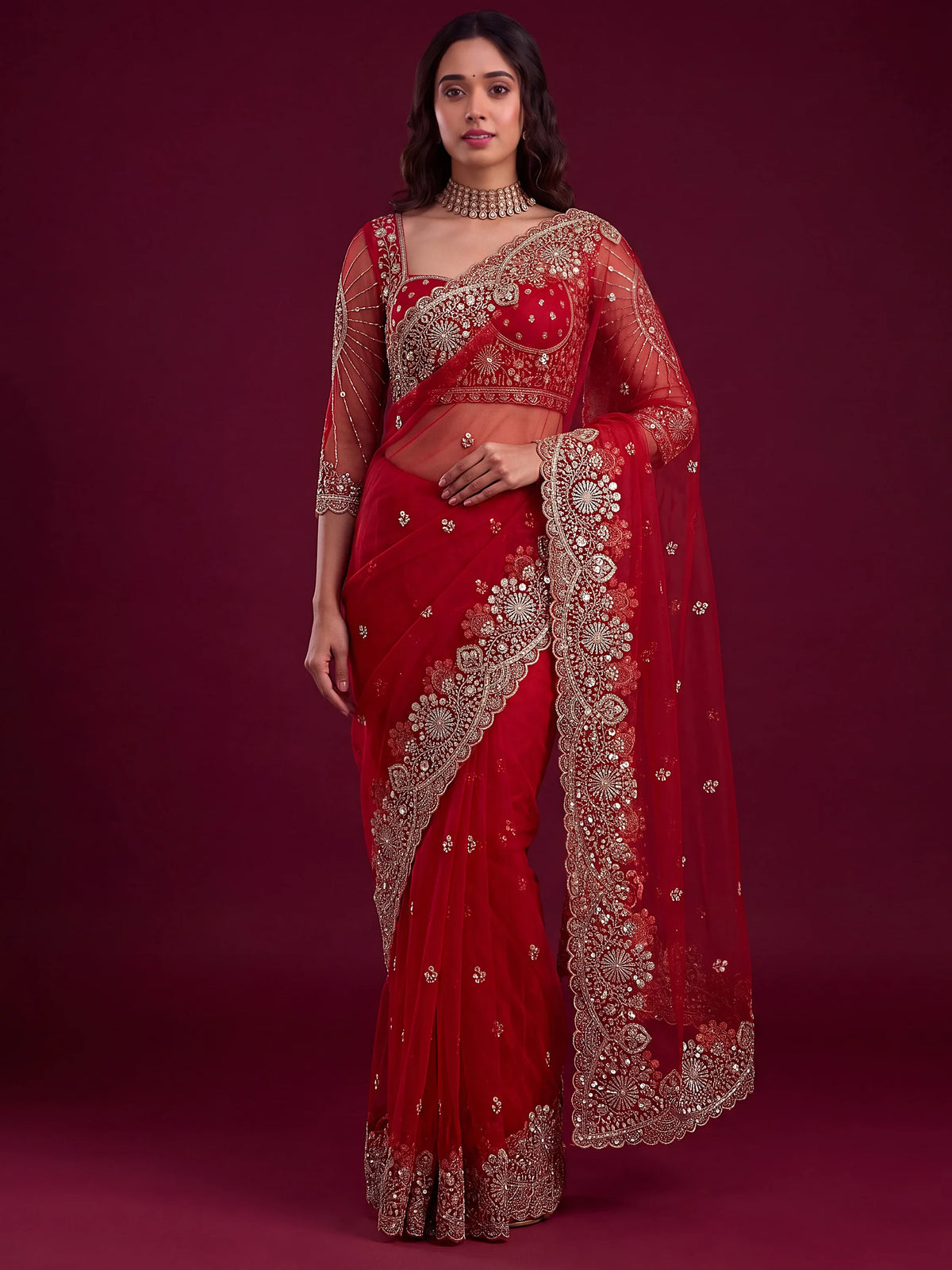 Luxurious Red Embroidered Net Bridal Wear Saree With Blouse