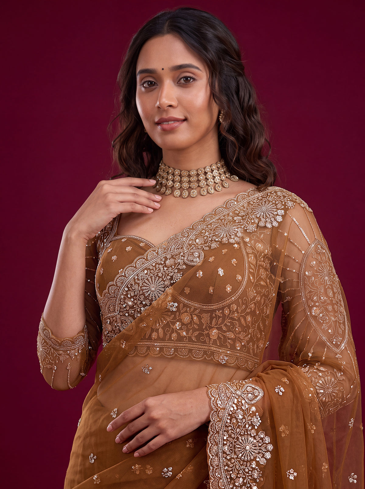 Elegant Brown Sequins Net Wedding Wear Saree With Blouse