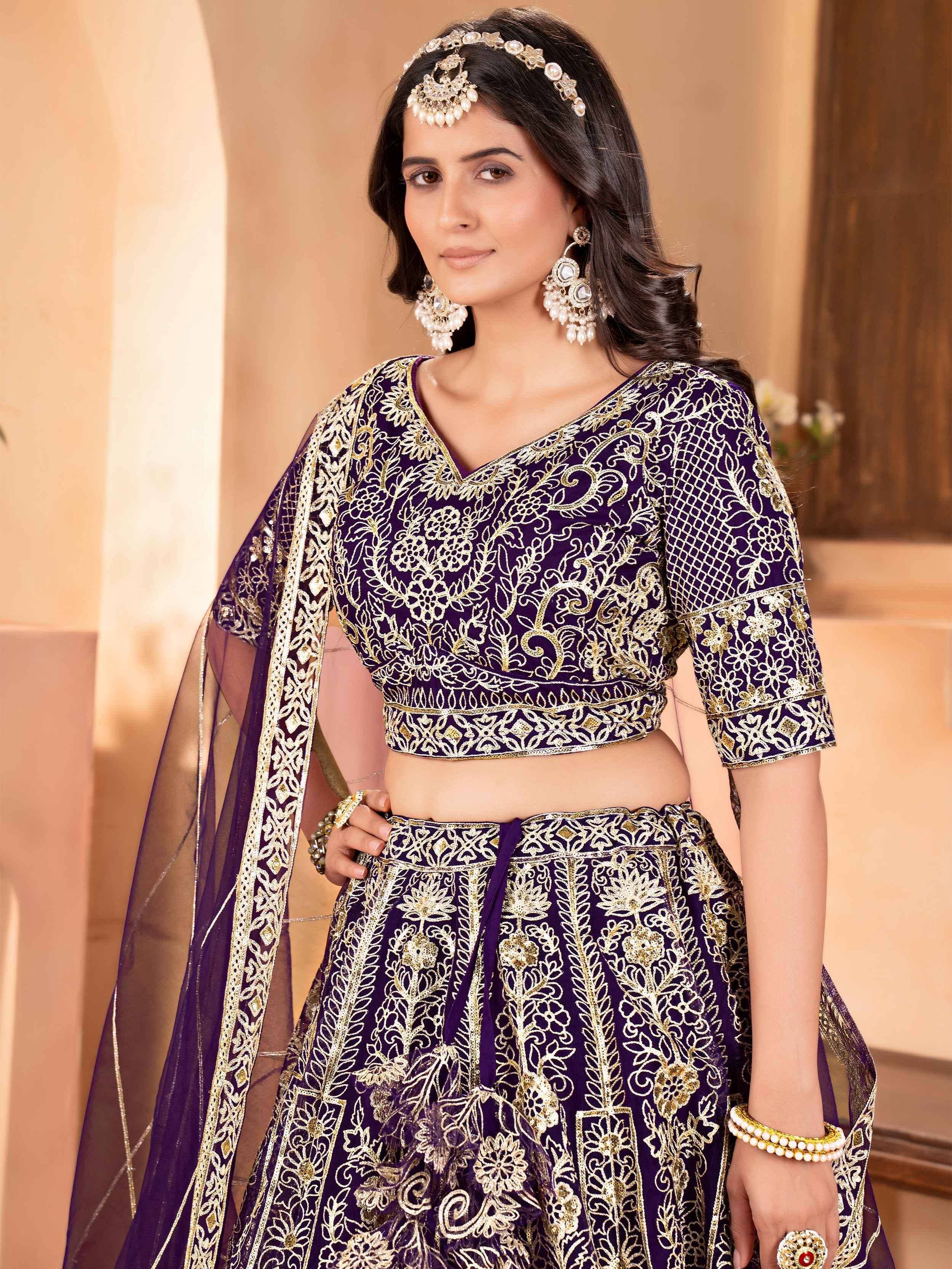 Enchanting Purple Zari Embroidered Net Reception Wear Lehenga Choli