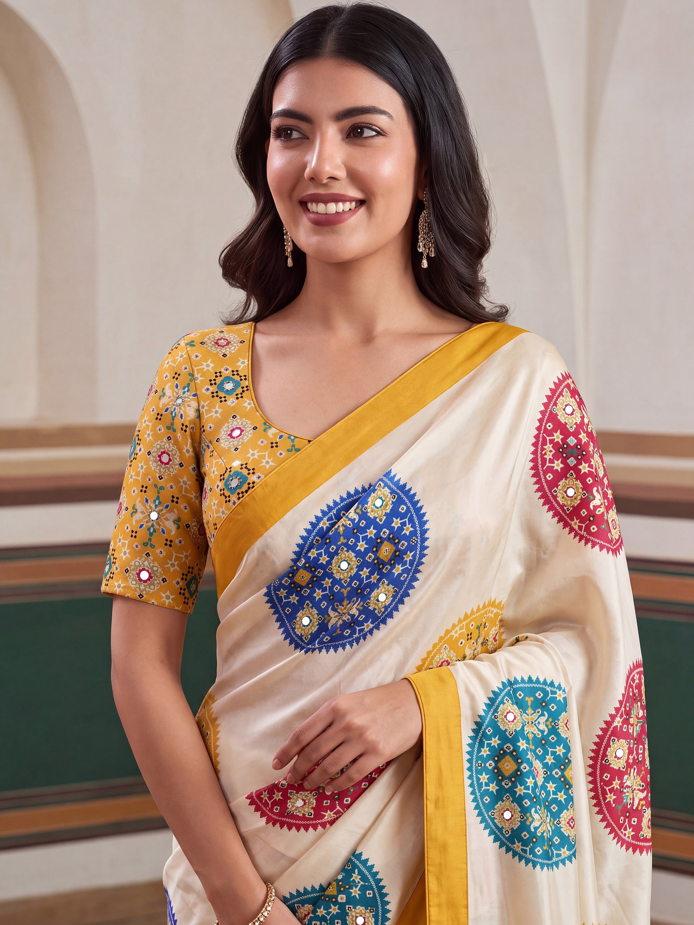 Notable Cream Patola Printed Crepe Haldi Wear Saree With Blouse