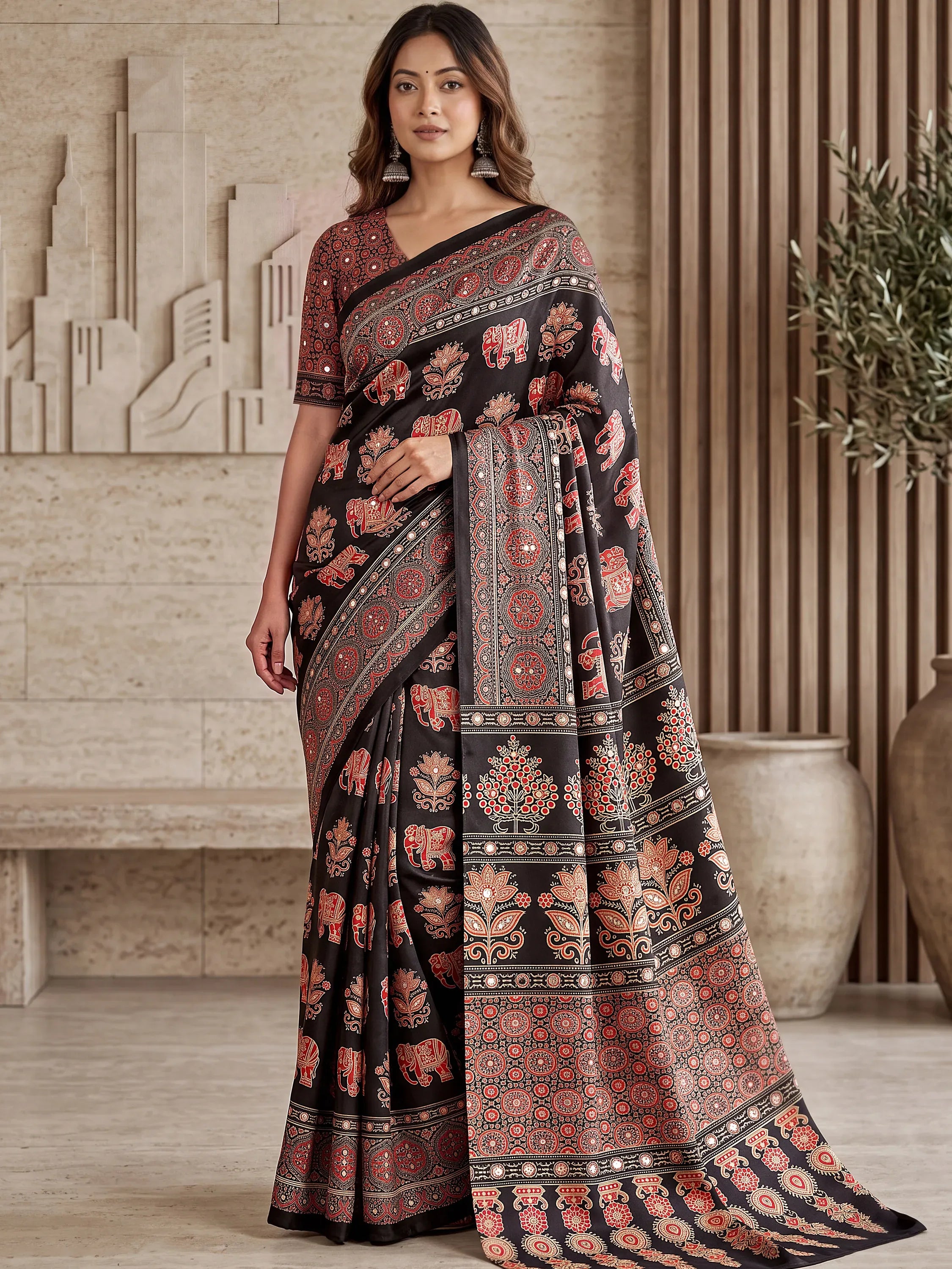 Dazzling Black Digital Printed Crepe Silk Party Wear Saree With Blouse