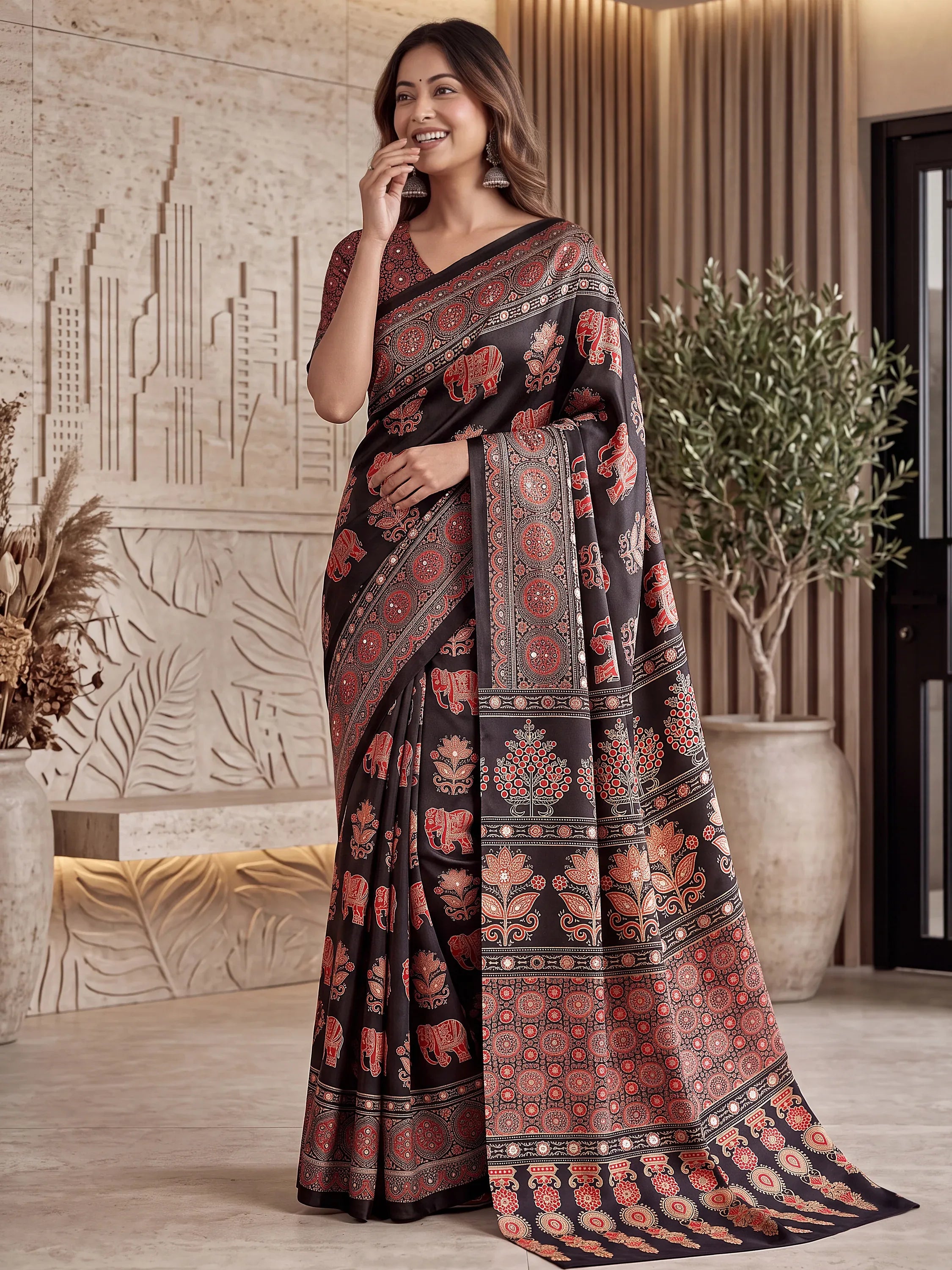 Dazzling Black Digital Printed Crepe Silk Party Wear Saree With Blouse