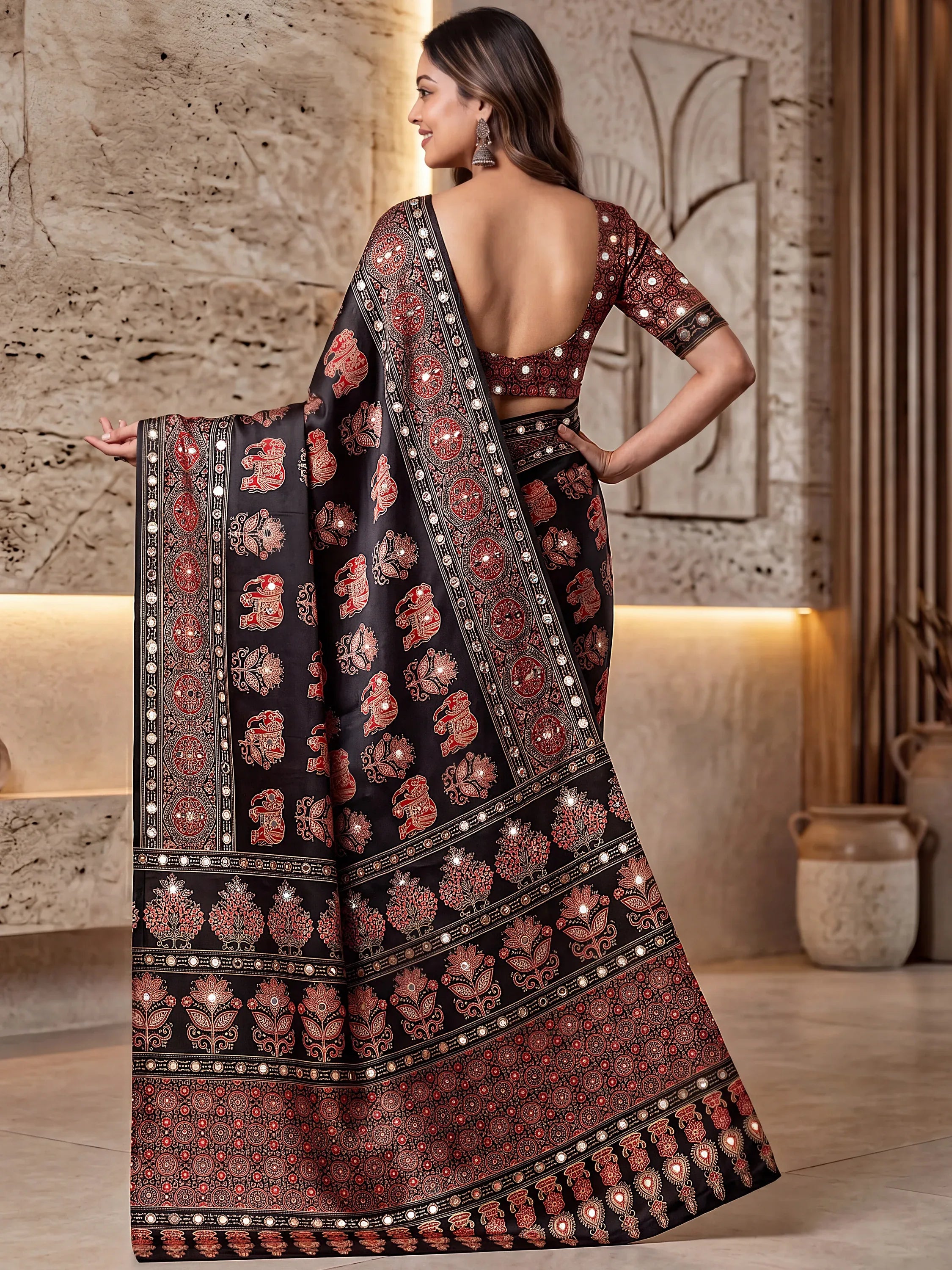 Dazzling Black Digital Printed Crepe Silk Party Wear Saree With Blouse